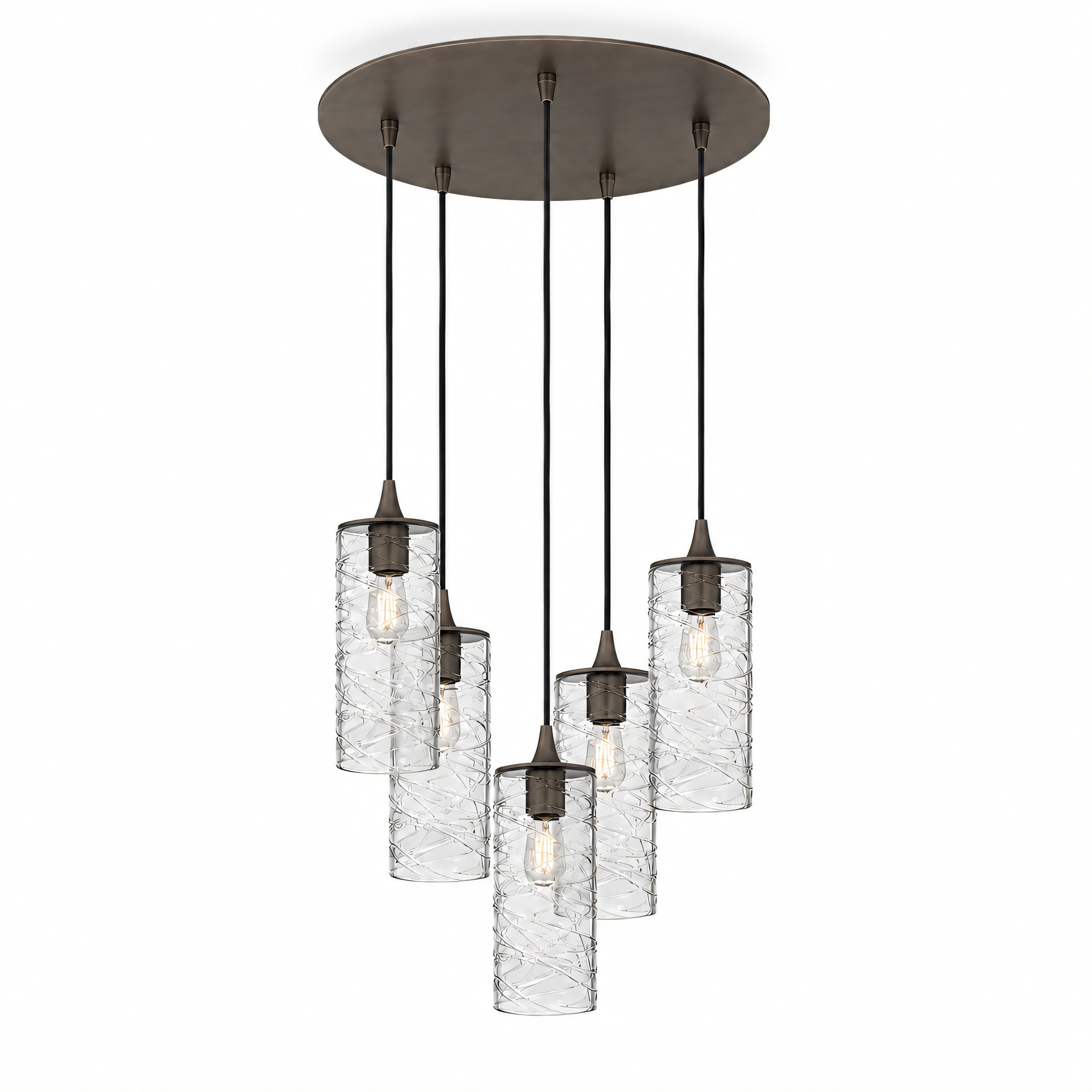 515 5 Pendant Cascade Chandelier-Glass-Bicycle Glass Co-Spun-Slate Gray-Antique Bronze - 4ft Cord-Bicycle Glass Co