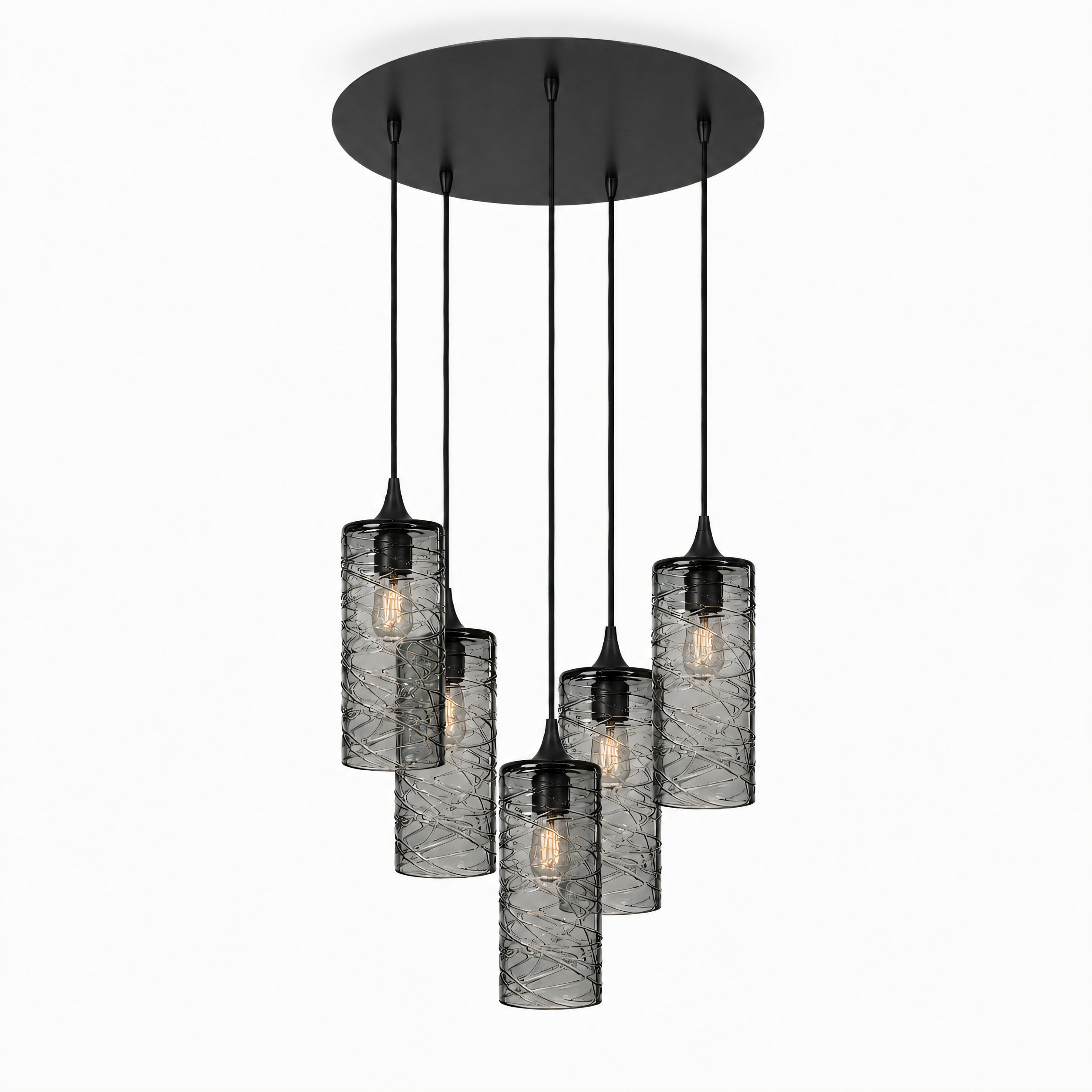 515 5 Pendant Cascade Chandelier-Glass-Bicycle Glass Co-Spun-Slate Gray-Matte Black - 4ft Cord-Bicycle Glass Co