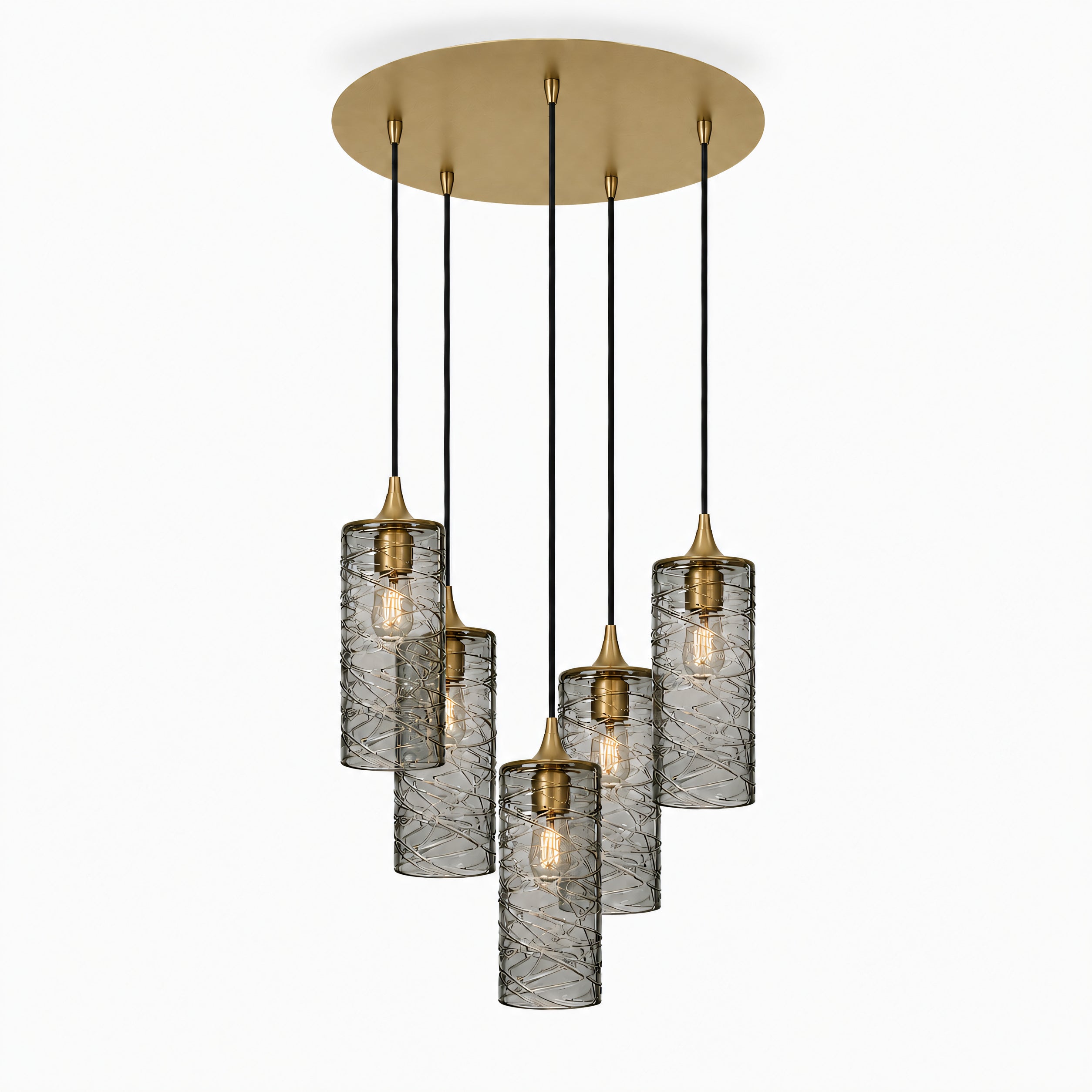515 5 Pendant Cascade Chandelier-Glass-Bicycle Glass Co-Spun-Slate Gray-Polished Brass - 4ft Cord-Bicycle Glass Co