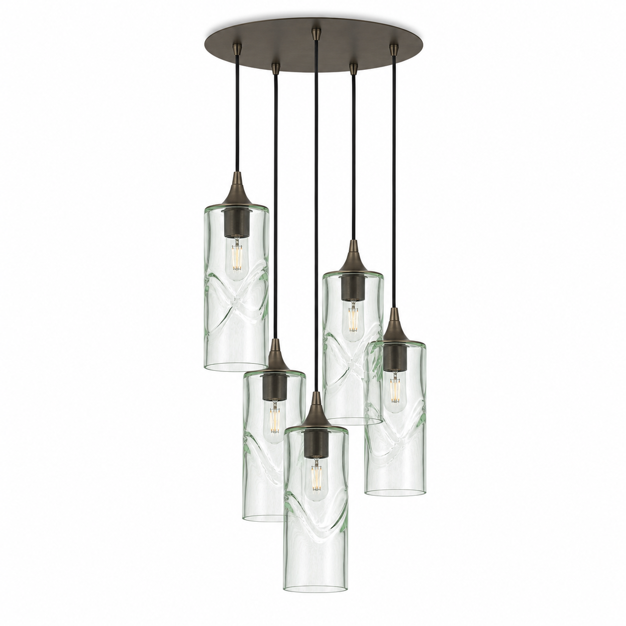 515 5 Pendant Cascade Chandelier-Glass-Bicycle Glass Co-Swell-Eco Clear-Antique Bronze - 4ft Cord-Bicycle Glass Co