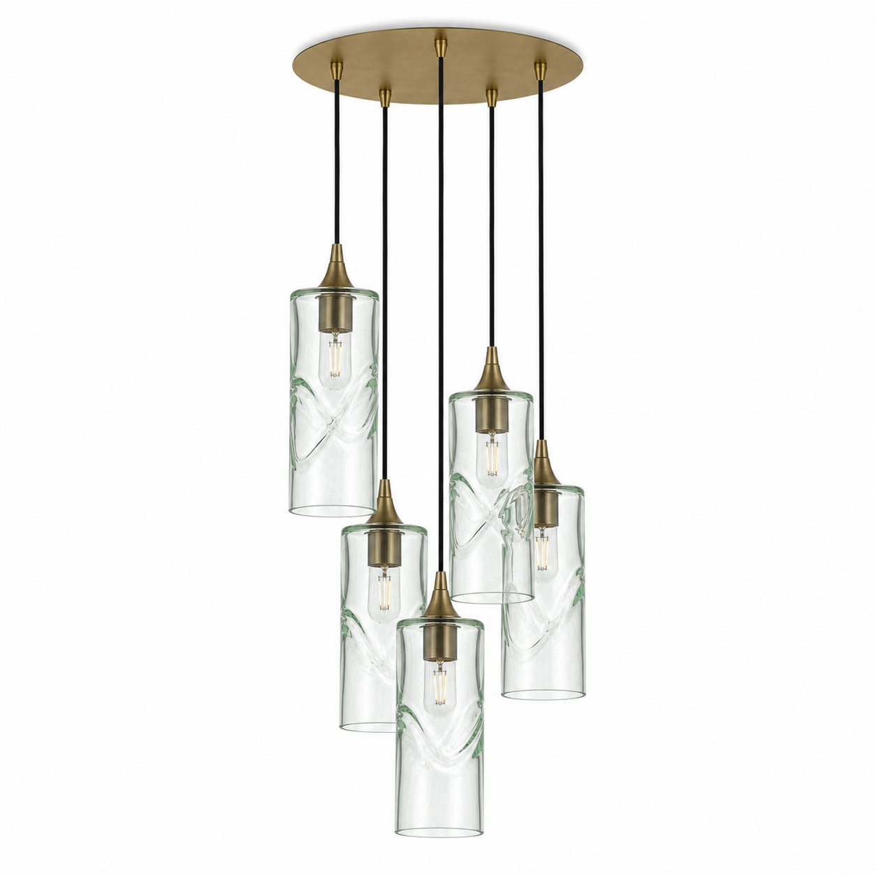 515 5 Pendant Cascade Chandelier-Glass-Bicycle Glass Co-Swell-Eco Clear-Polished Brass - 4ft Cord-Bicycle Glass Co