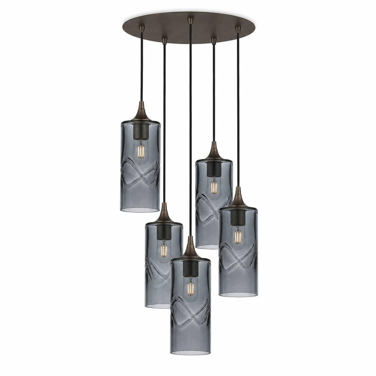 515 5 Pendant Cascade Chandelier-Glass-Bicycle Glass Co-Swell-Slate Gray-Antique Bronze - 4ft Cord-Bicycle Glass Co