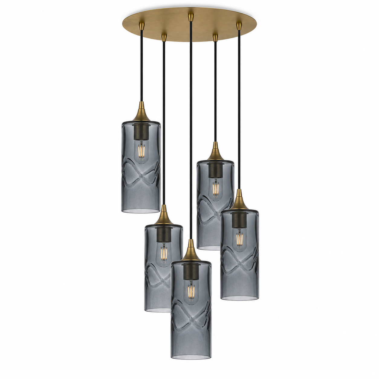 515 5 Pendant Cascade Chandelier-Glass-Bicycle Glass Co-Swell-Slate Gray-Polished Brass - 4ft Cord-Bicycle Glass Co