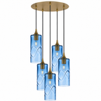 515 5 Pendant Cascade Chandelier-Glass-Bicycle Glass Co-Swell-Steel Blue-Polished Brass - 4ft Cord-Bicycle Glass Co