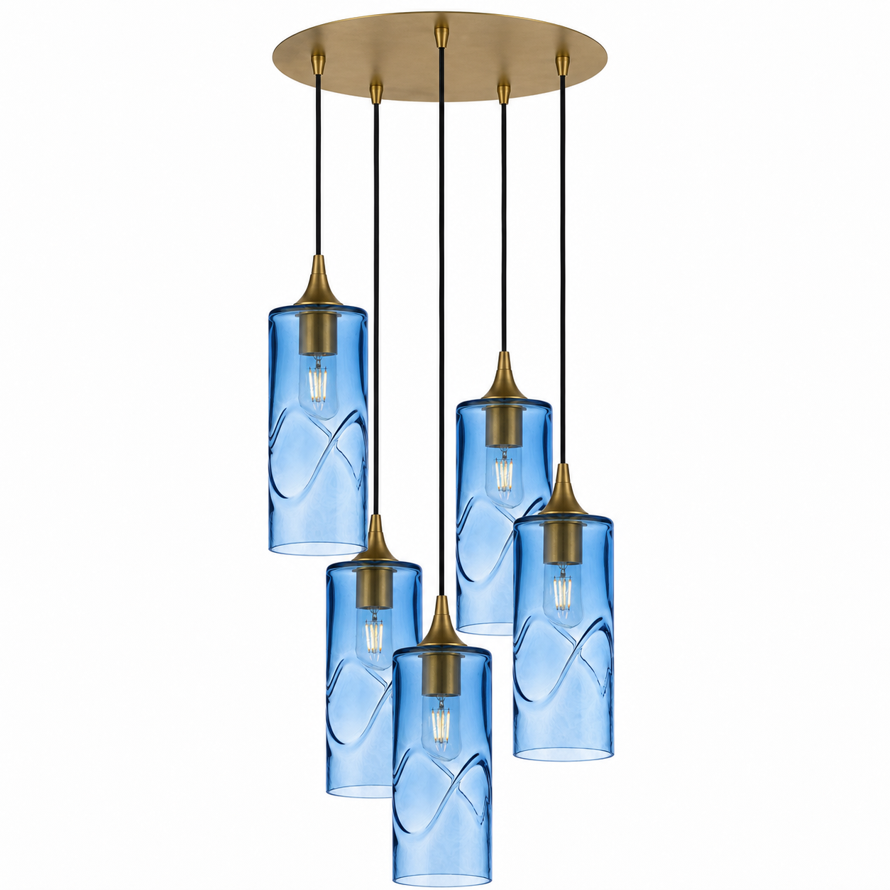 515 5 Pendant Cascade Chandelier-Glass-Bicycle Glass Co-Swell-Steel Blue-Polished Brass - 4ft Cord-Bicycle Glass Co
