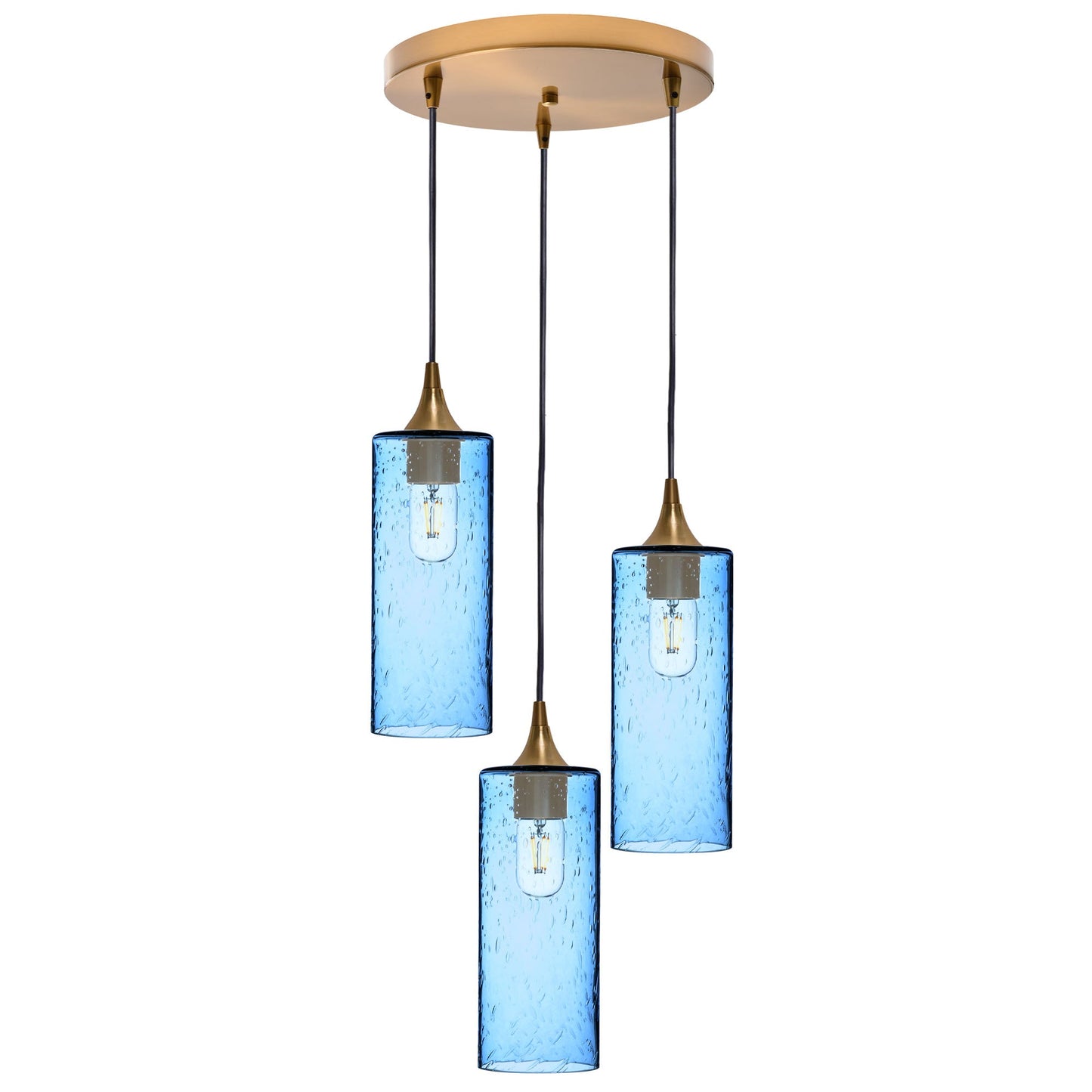 515 Lunar: 3 Pendant Cascade Chandelier-Glass-Bicycle Glass Co - Hotshop-Steel Blue-Polished Brass-Bicycle Glass Co