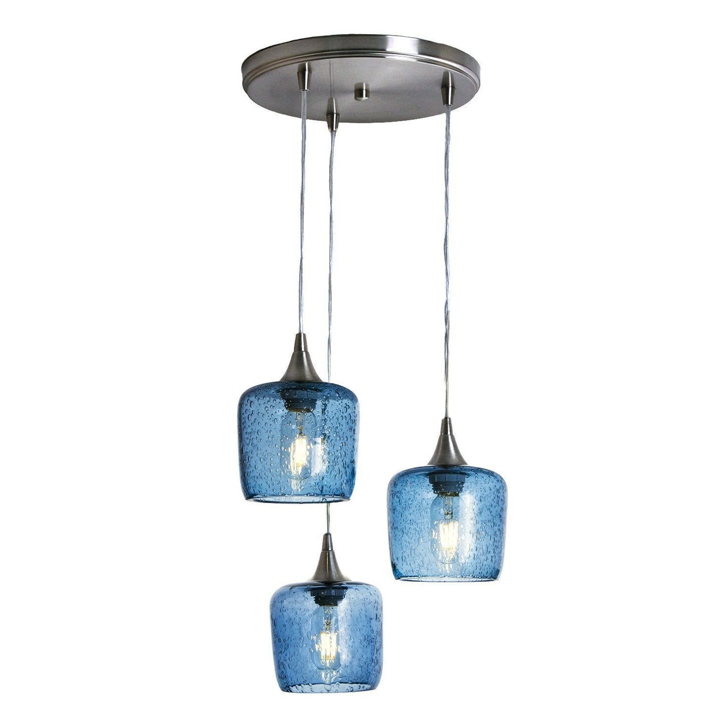 601 3 Pendant Cascade Chandelier-Glass-Bicycle Glass Co - Hotshop-Brushed Nickel - 4ft Cord-Lunar-Steel Blue-Bicycle Glass Co
