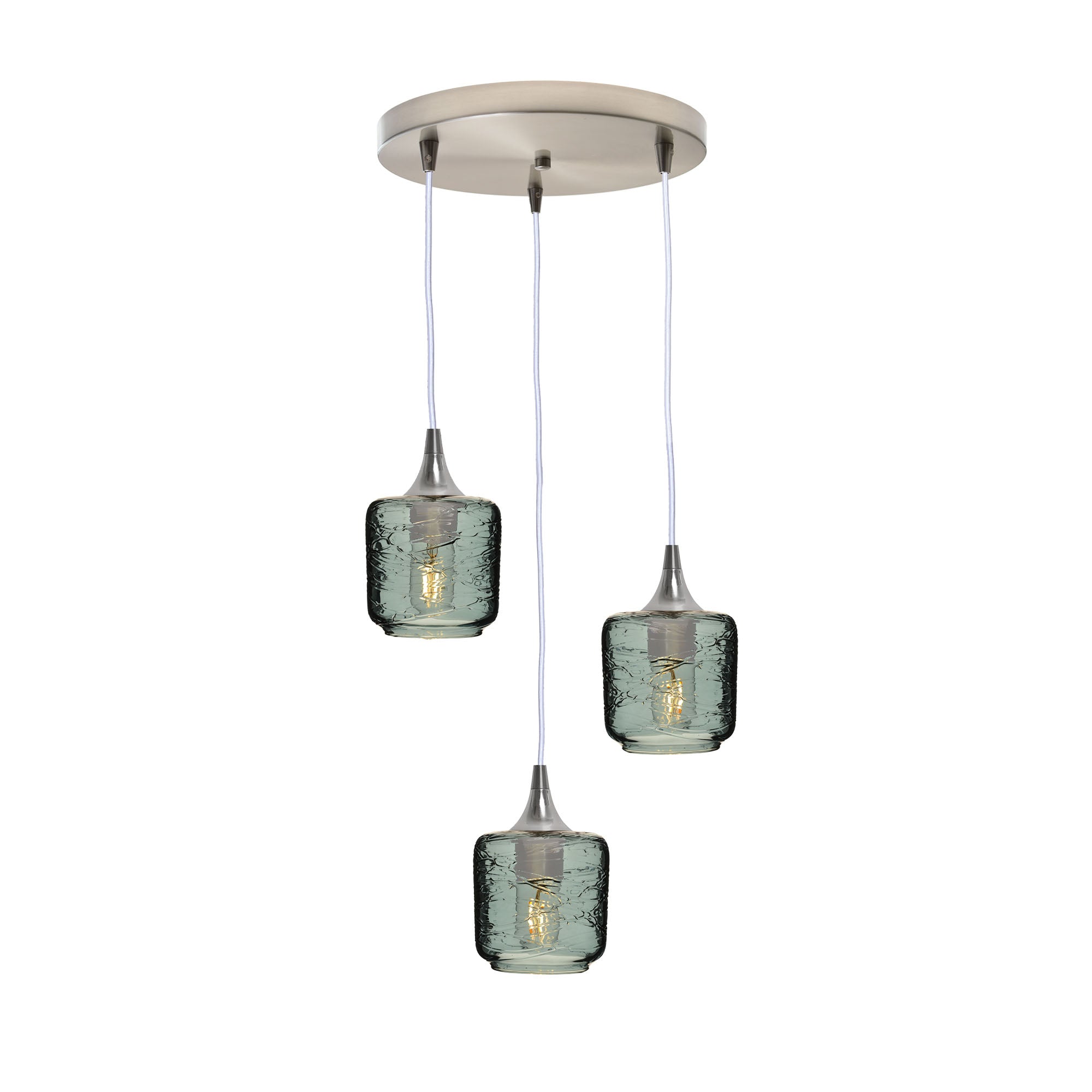 601 3 Pendant Cascade Chandelier-Glass-Bicycle Glass Co - Hotshop-Brushed Nickel - 4ft Cord-Spun-Slate Gray-Bicycle Glass Co