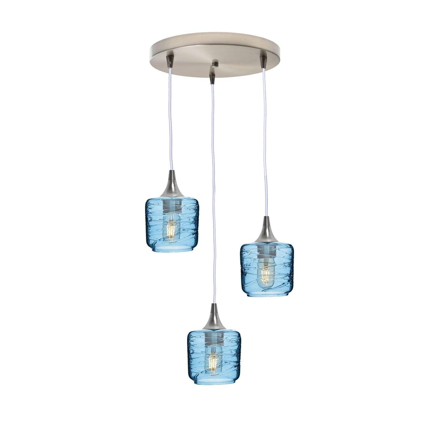 601 3 Pendant Cascade Chandelier-Glass-Bicycle Glass Co - Hotshop-Brushed Nickel - 4ft Cord-Spun-Steel Blue-Bicycle Glass Co