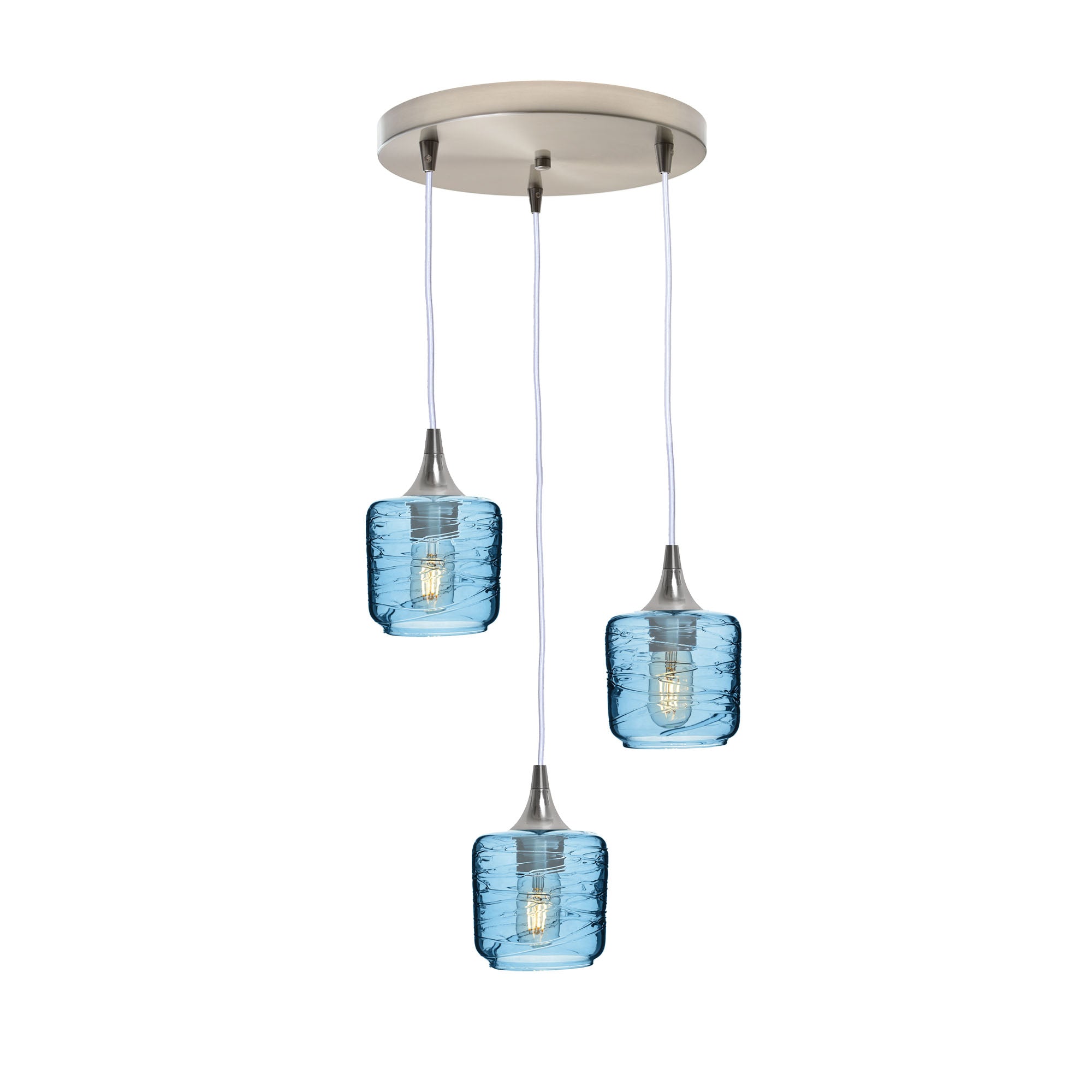 601 3 Pendant Cascade Chandelier-Glass-Bicycle Glass Co - Hotshop-Brushed Nickel - 4ft Cord-Spun-Steel Blue-Bicycle Glass Co