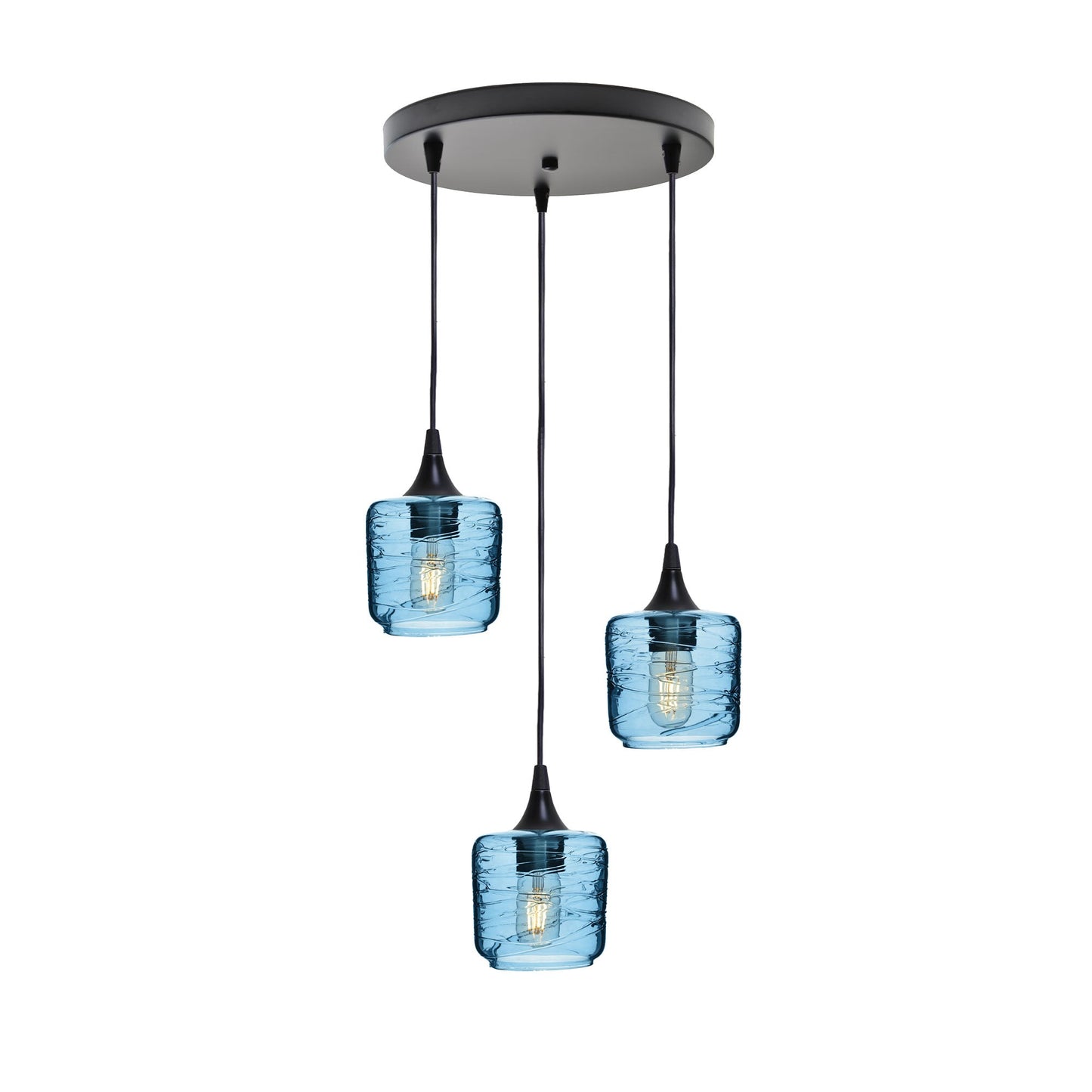 601 3 Pendant Cascade Chandelier-Glass-Bicycle Glass Co - Hotshop-Matte Black - 4ft Cord-Spun-Steel Blue-Bicycle Glass Co