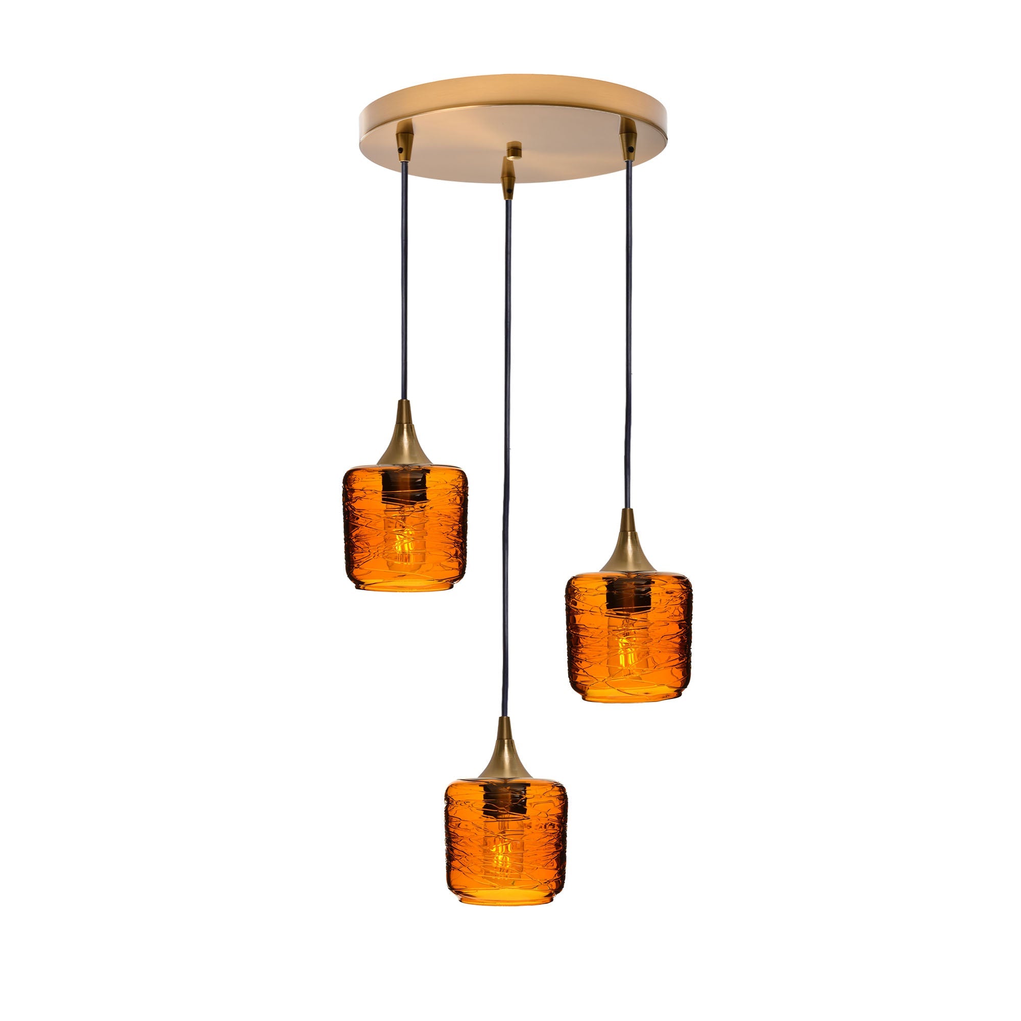 601 3 Pendant Cascade Chandelier-Glass-Bicycle Glass Co - Hotshop-Polished Brass - 4ft Cord-Spun-Golden Amber-Bicycle Glass Co