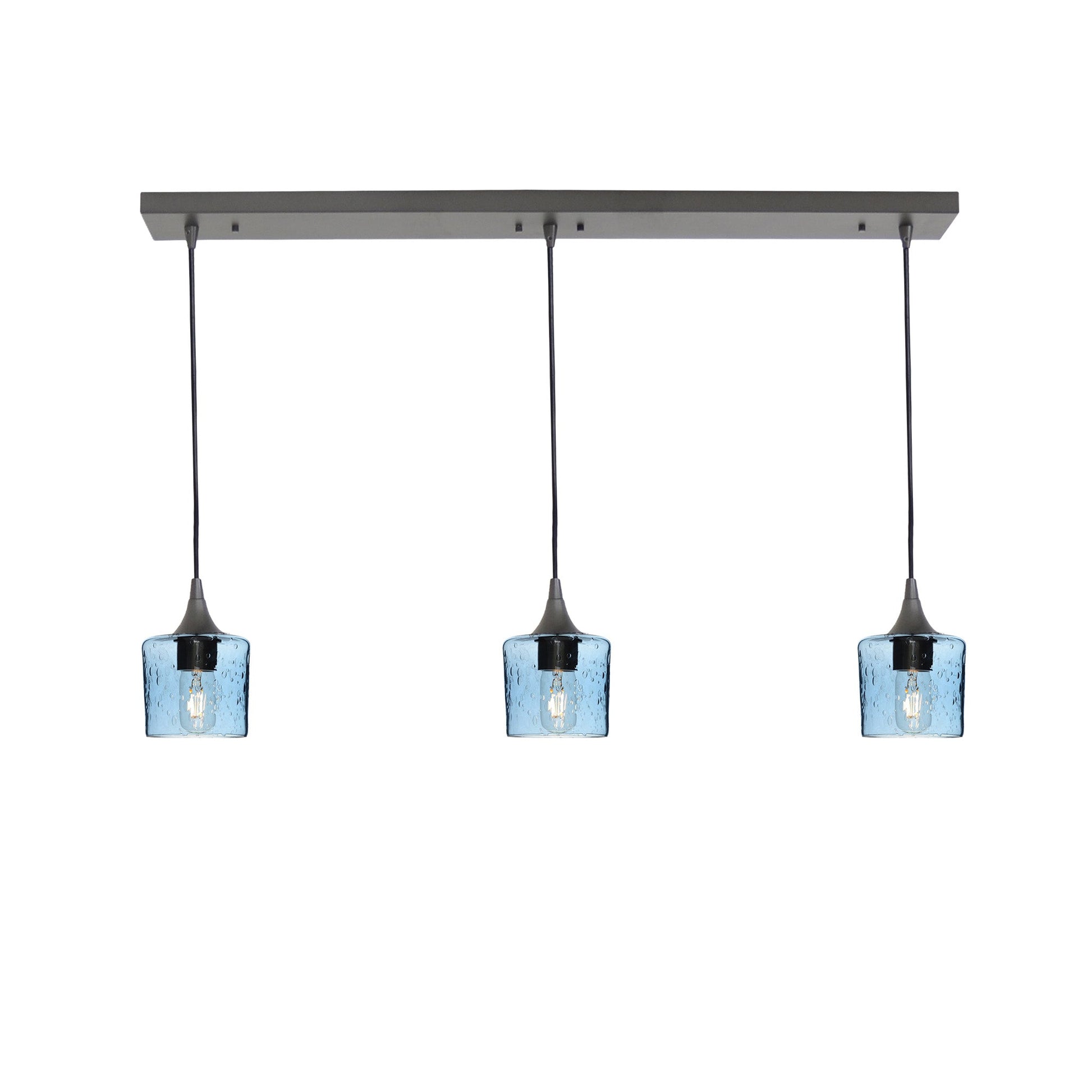 601 3 Pendant Linear Chandelier-Glass-Bicycle Glass Co - Hotshop-Antique Bronze - 4ft Downrod-Lunar-Steel Blue-Bicycle Glass Co