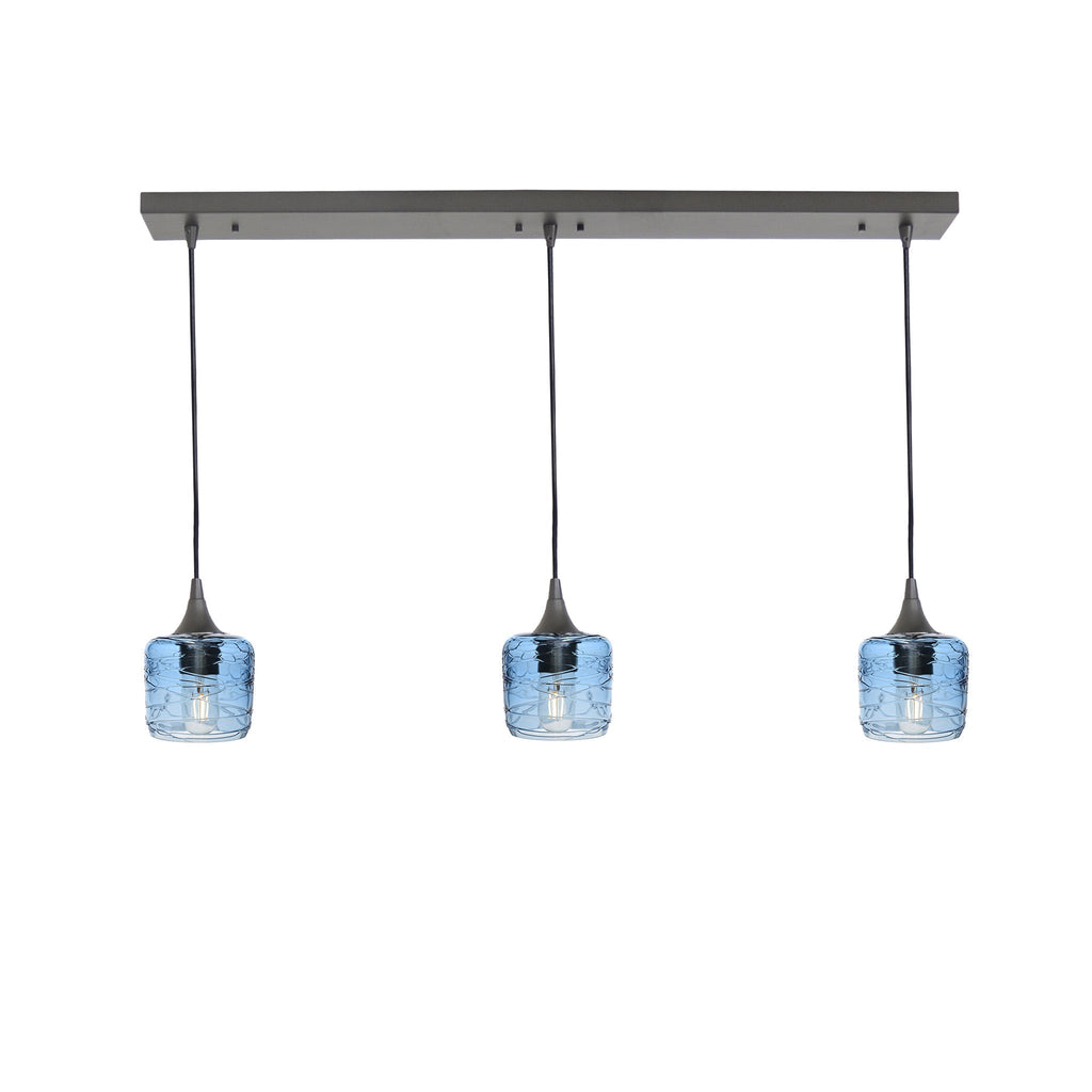 601 3 Pendant Linear Chandelier-Glass-Bicycle Glass Co - Hotshop-Antique Bronze - 4ft Downrod-Spun-Steel Blue-Bicycle Glass Co