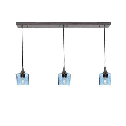 601 3 Pendant Linear Chandelier-Glass-Bicycle Glass Co - Hotshop-Antique Bronze - 8ft Downrod-Lunar-Steel Blue-Bicycle Glass Co