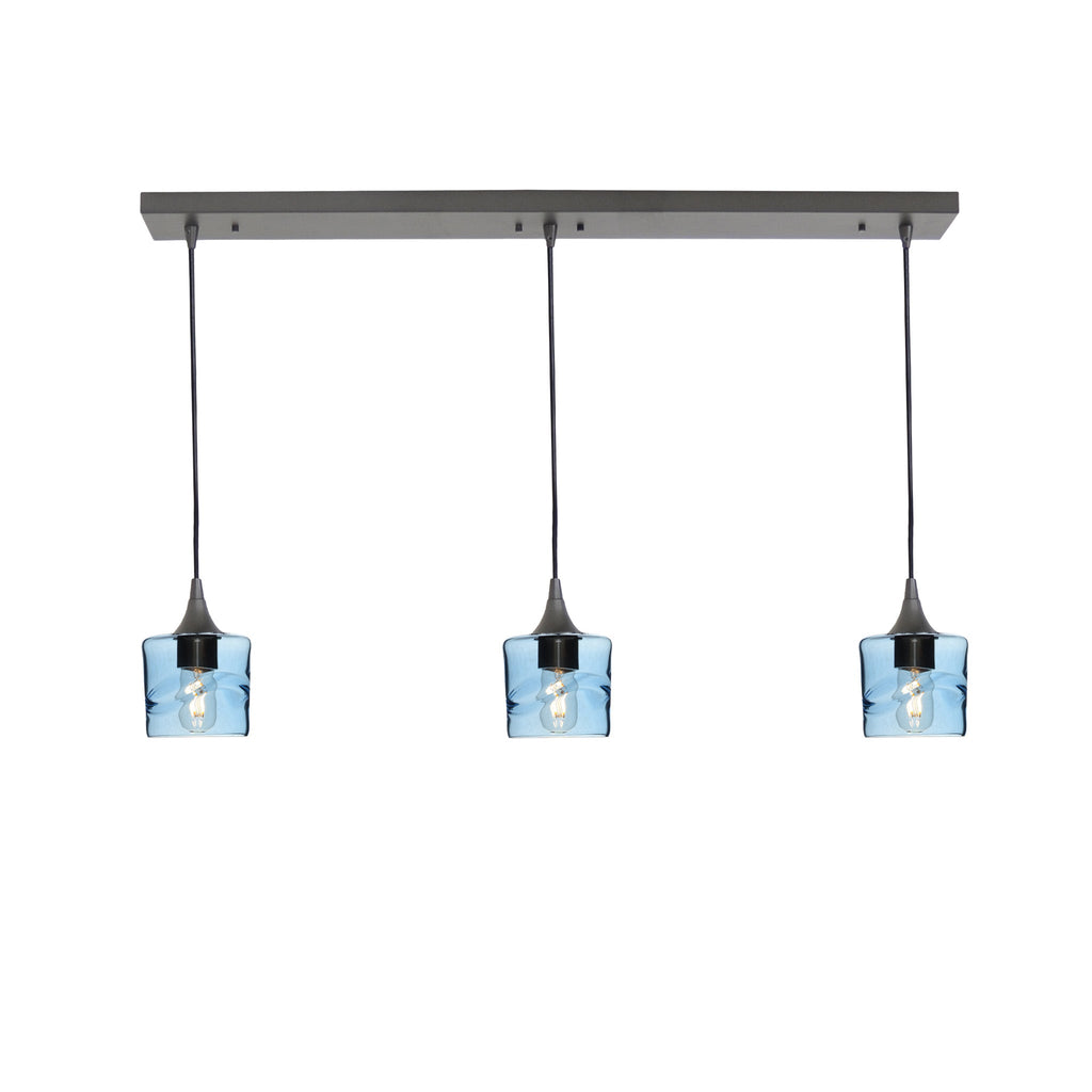 601 3 Pendant Linear Chandelier-Glass-Bicycle Glass Co - Hotshop-Antique Bronze - 8ft Downrod-Swell-Steel Blue-Bicycle Glass Co