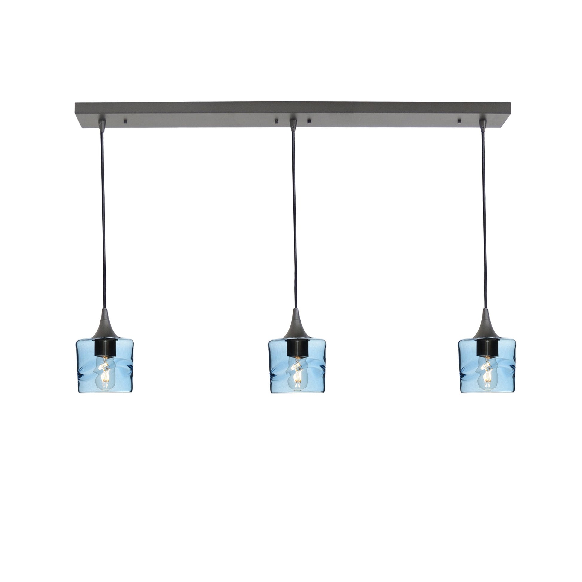 601 3 Pendant Linear Chandelier-Glass-Bicycle Glass Co - Hotshop-Antique Bronze - 8ft Downrod-Swell-Steel Blue-Bicycle Glass Co