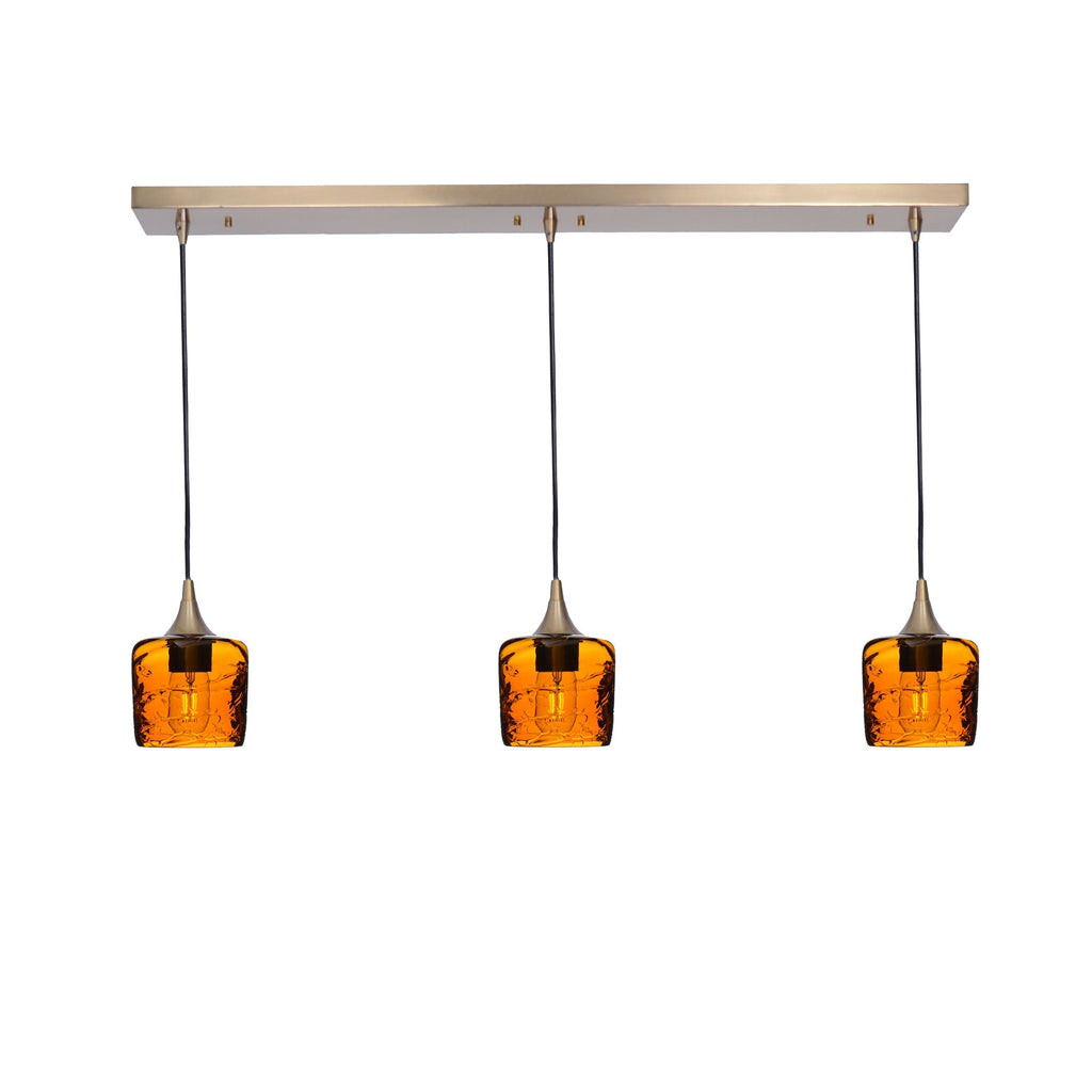 601 3 Pendant Linear Chandelier-Glass-Bicycle Glass Co - Hotshop-Polished Brass - 4ft Downrod-Spun-Golden Amber-Bicycle Glass Co