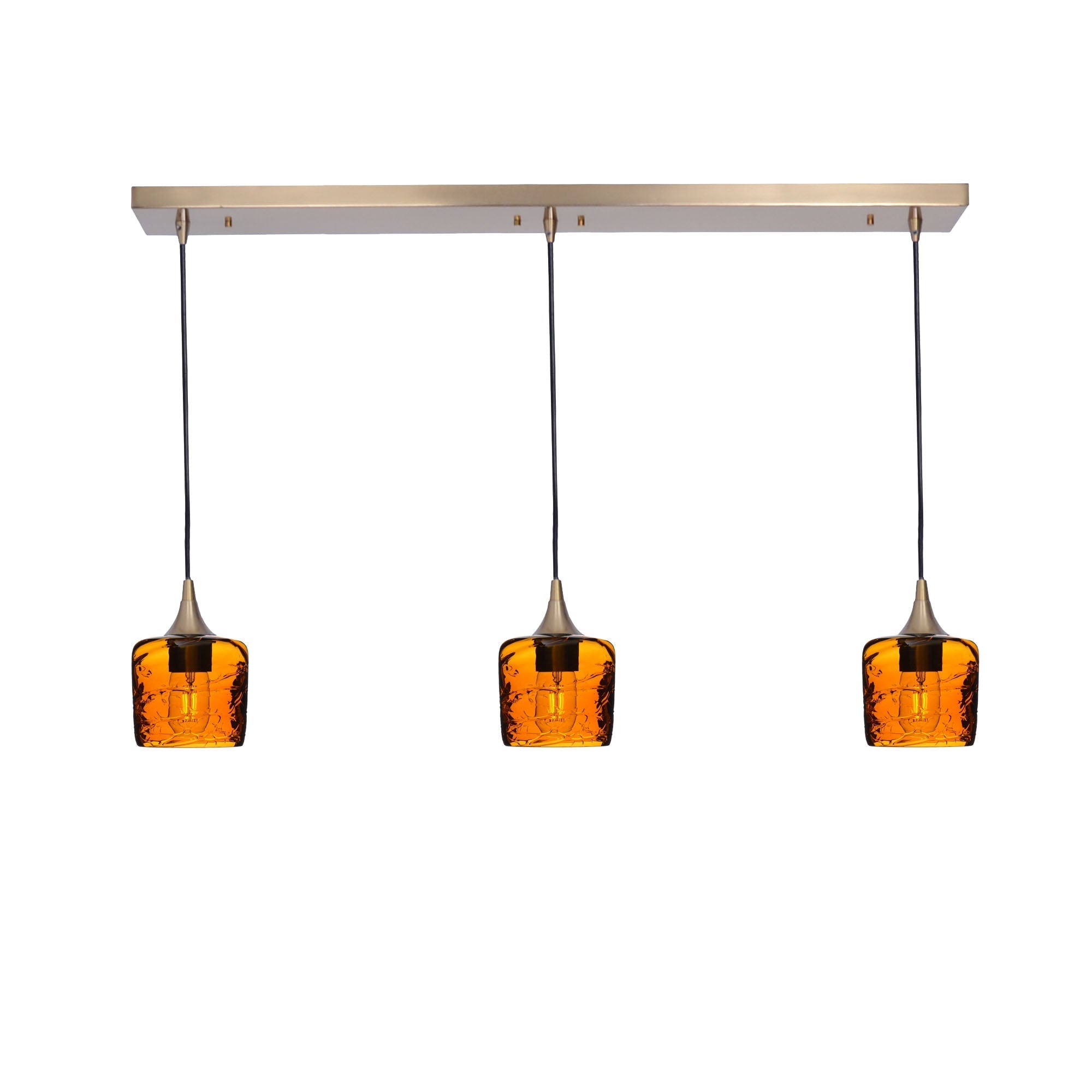 601 3 Pendant Linear Chandelier-Glass-Bicycle Glass Co - Hotshop-Polished Brass - 4ft Downrod-Spun-Golden Amber-Bicycle Glass Co