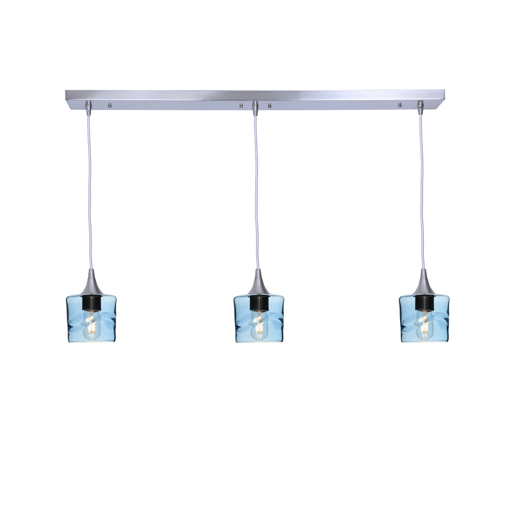 601 3 Pendant Linear Chandelier-Glass-Bicycle Glass Co - Hotshop-Brushed Nickel - 4ft Downrod-Swell-Steel Blue-Bicycle Glass Co