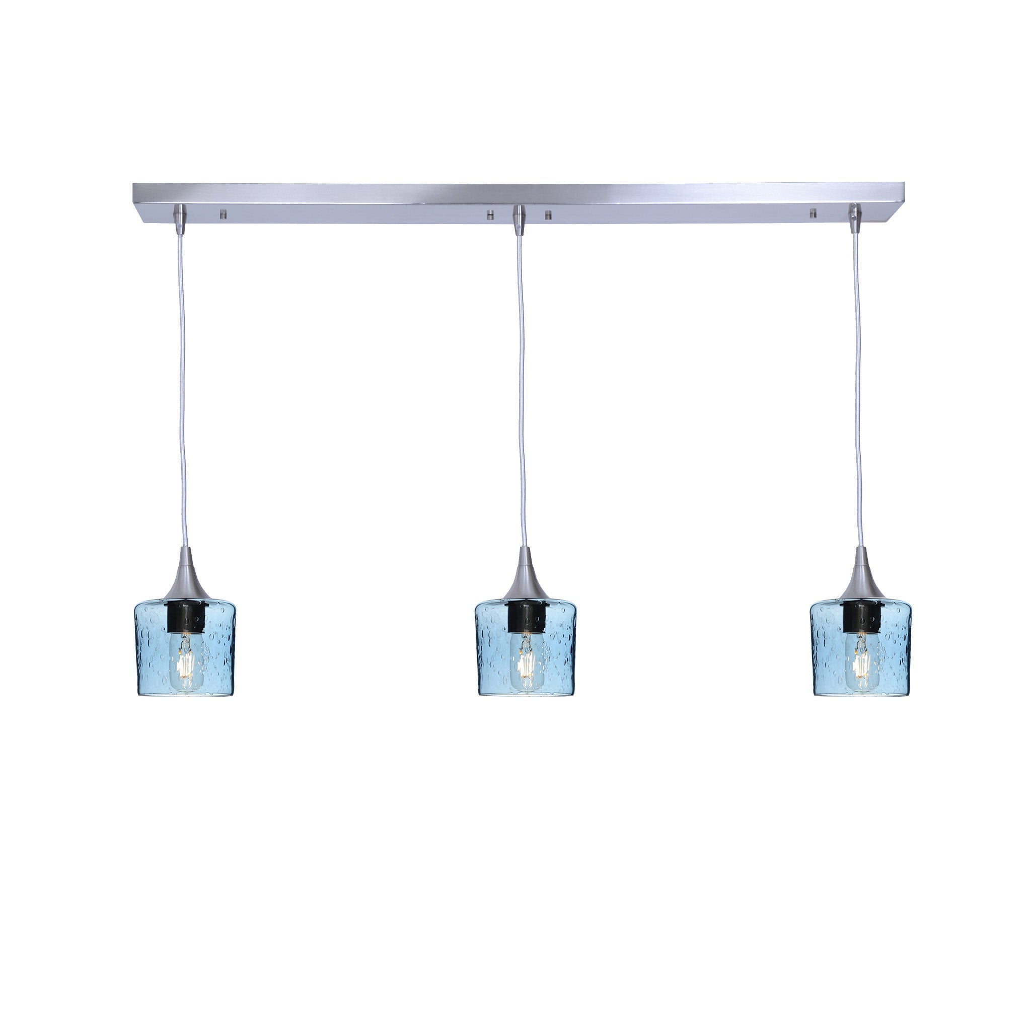 601 3 Pendant Linear Chandelier-Glass-Bicycle Glass Co - Hotshop-Brushed Nickel - 8ft Downrod-Lunar-Steel Blue-Bicycle Glass Co