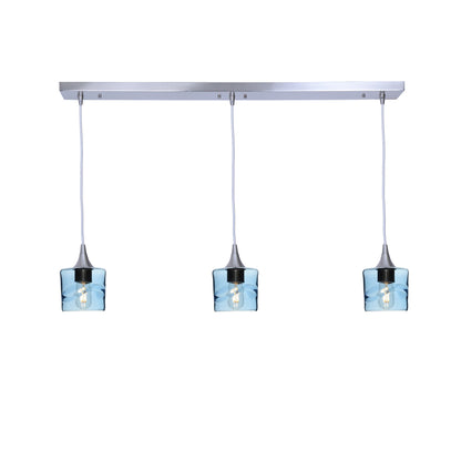 601 3 Pendant Linear Chandelier-Glass-Bicycle Glass Co - Hotshop-Brushed Nickel - 8ft Cord-Swell-Steel Blue-Bicycle Glass Co