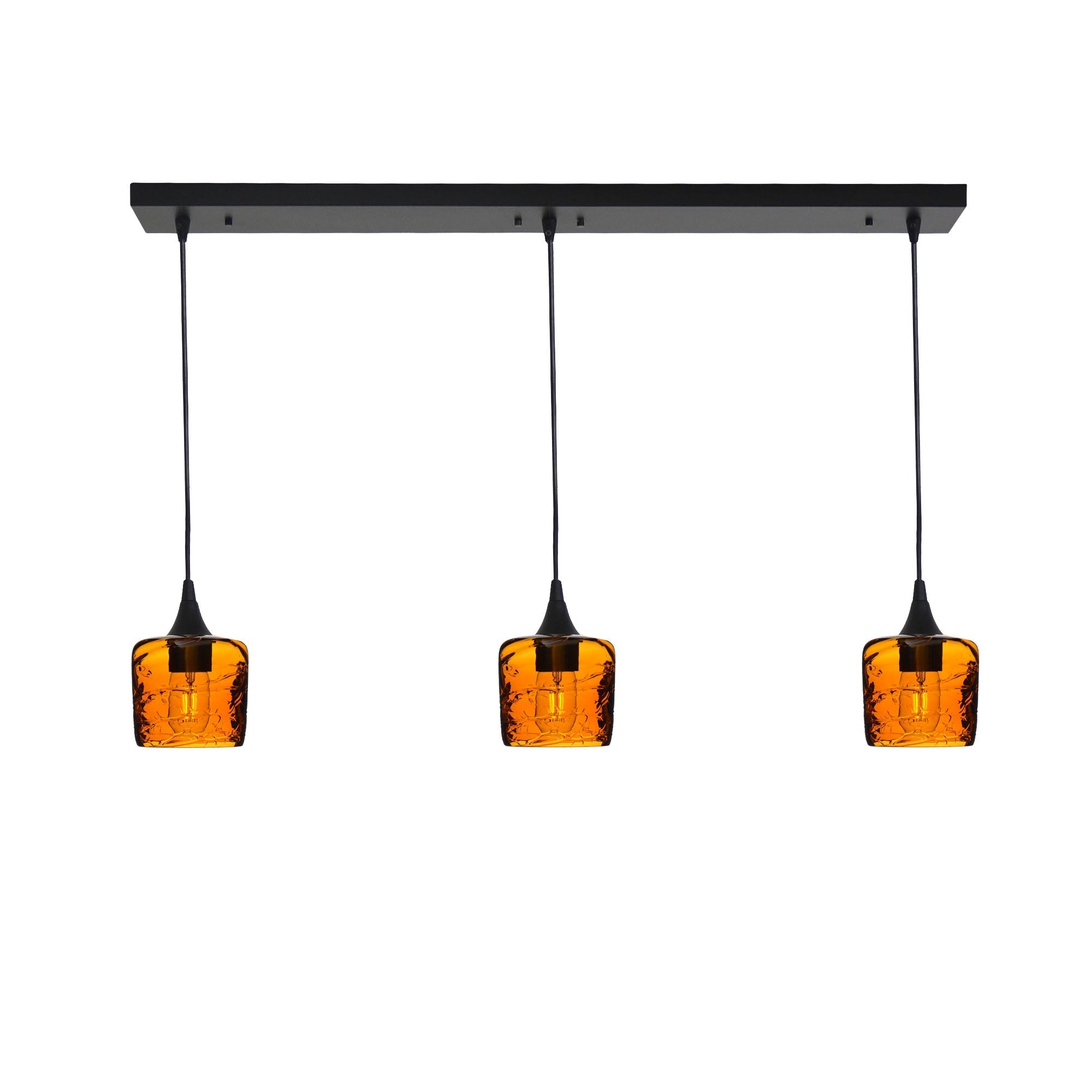 601 3 Pendant Linear Chandelier-Glass-Bicycle Glass Co - Hotshop-Matte Black - Custom-Spun-Golden Amber-Bicycle Glass Co