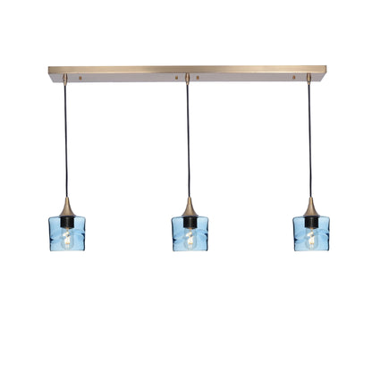 601 3 Pendant Linear Chandelier-Glass-Bicycle Glass Co - Hotshop-Polished Brass - 8ft Cord-Swell-Steel Blue-Bicycle Glass Co