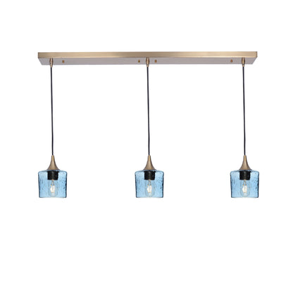 601 3 Pendant Linear Chandelier-Glass-Bicycle Glass Co - Hotshop-Polished Brass - Custom-Lunar-Steel Blue-Bicycle Glass Co