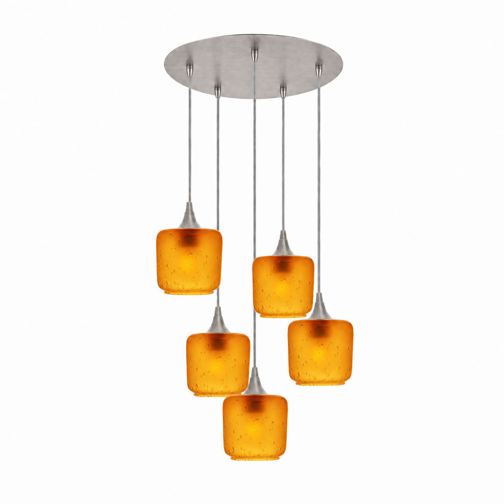 601 5 Pendant Cascade Chandelier-Glass-Bicycle Glass Co-Celestial-Golden Amber-Brushed Nickel - 4ft Cord-Bicycle Glass Co