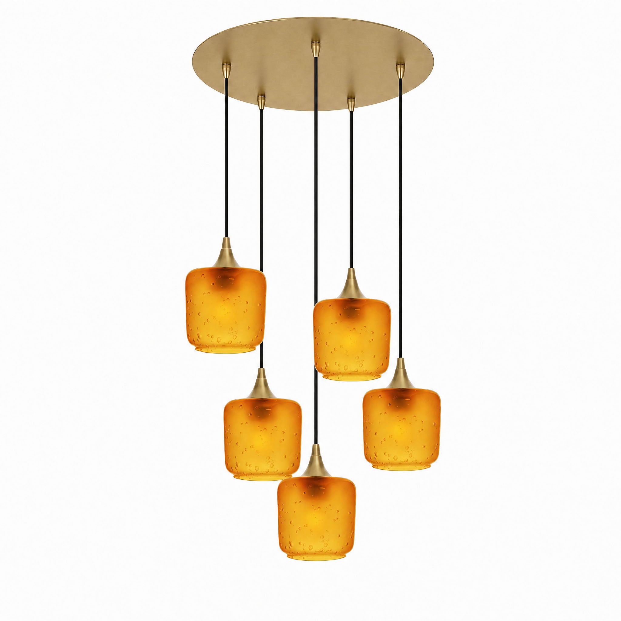 601 5 Pendant Cascade Chandelier-Glass-Bicycle Glass Co-Celestial-Golden Amber-Polished Brass - 4ft Cord-Bicycle Glass Co