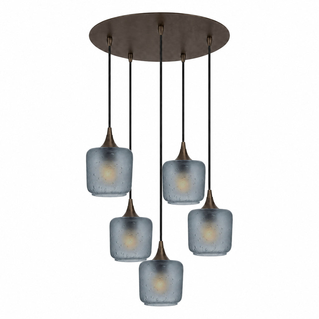 601 5 Pendant Cascade Chandelier-Glass-Bicycle Glass Co-Celestial-Slate Gray-Antique Bronze - 4ft Cord-Bicycle Glass Co