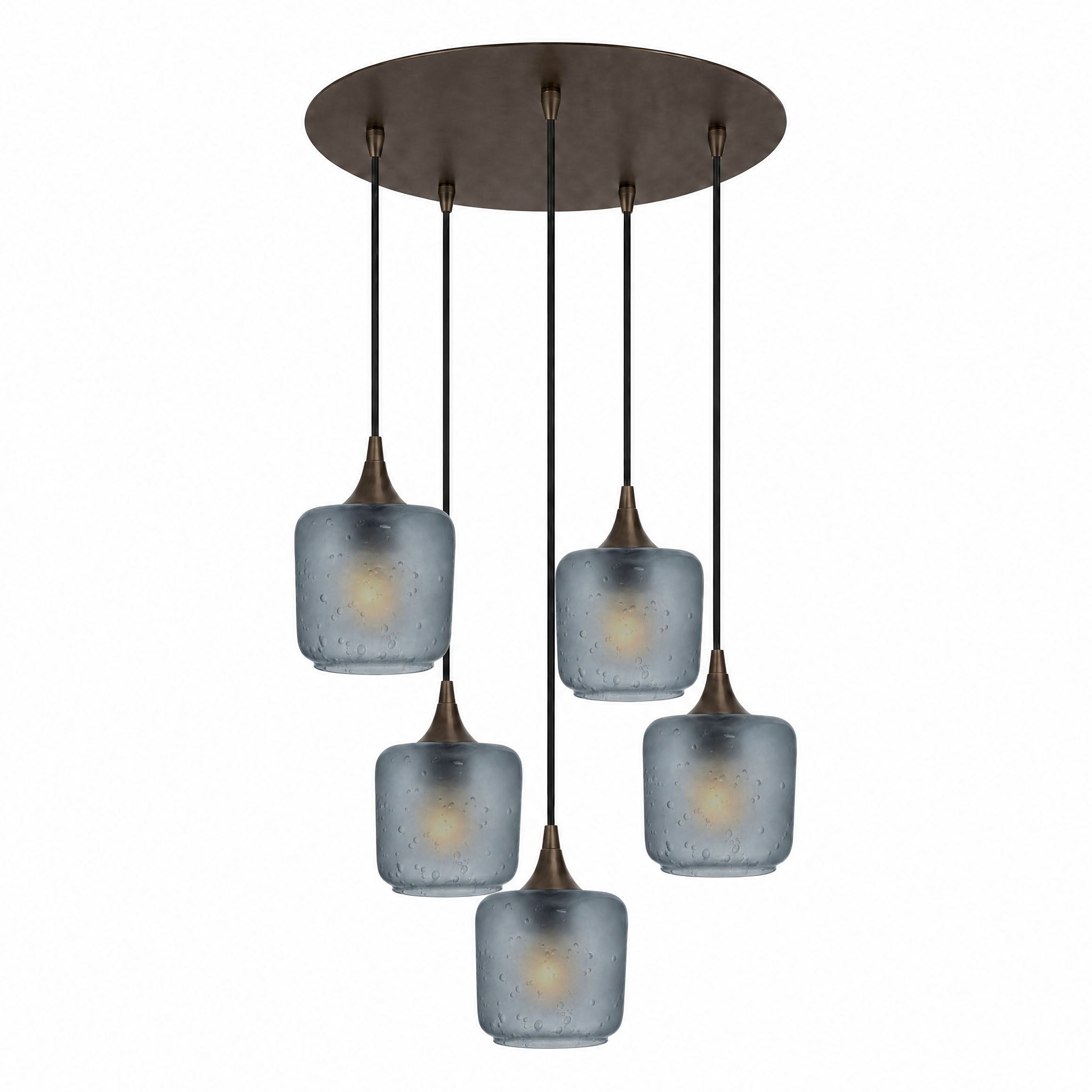 601 5 Pendant Cascade Chandelier-Glass-Bicycle Glass Co-Celestial-Slate Gray-Antique Bronze - 4ft Cord-Bicycle Glass Co