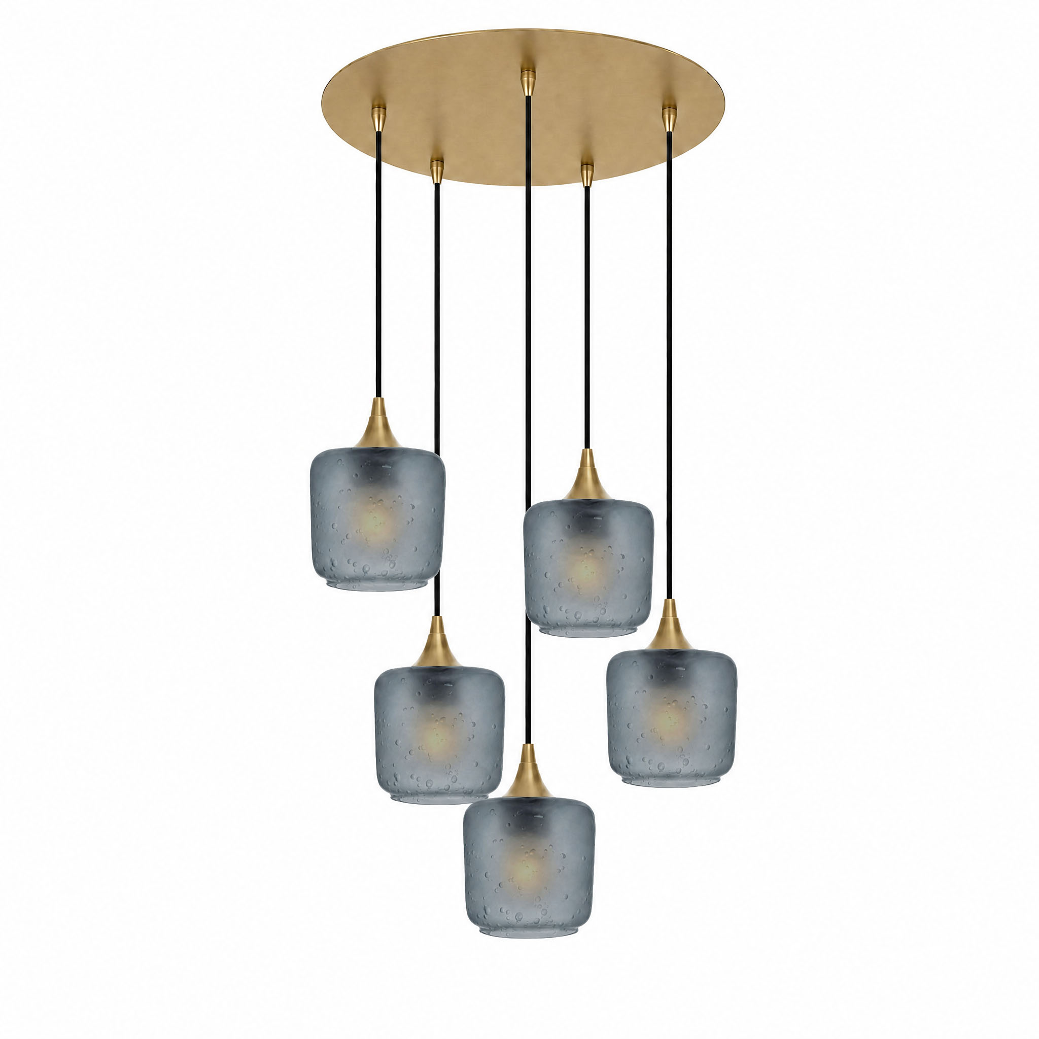 601 5 Pendant Cascade Chandelier-Glass-Bicycle Glass Co-Celestial-Slate Gray-Polished Brass - 4ft Cord-Bicycle Glass Co