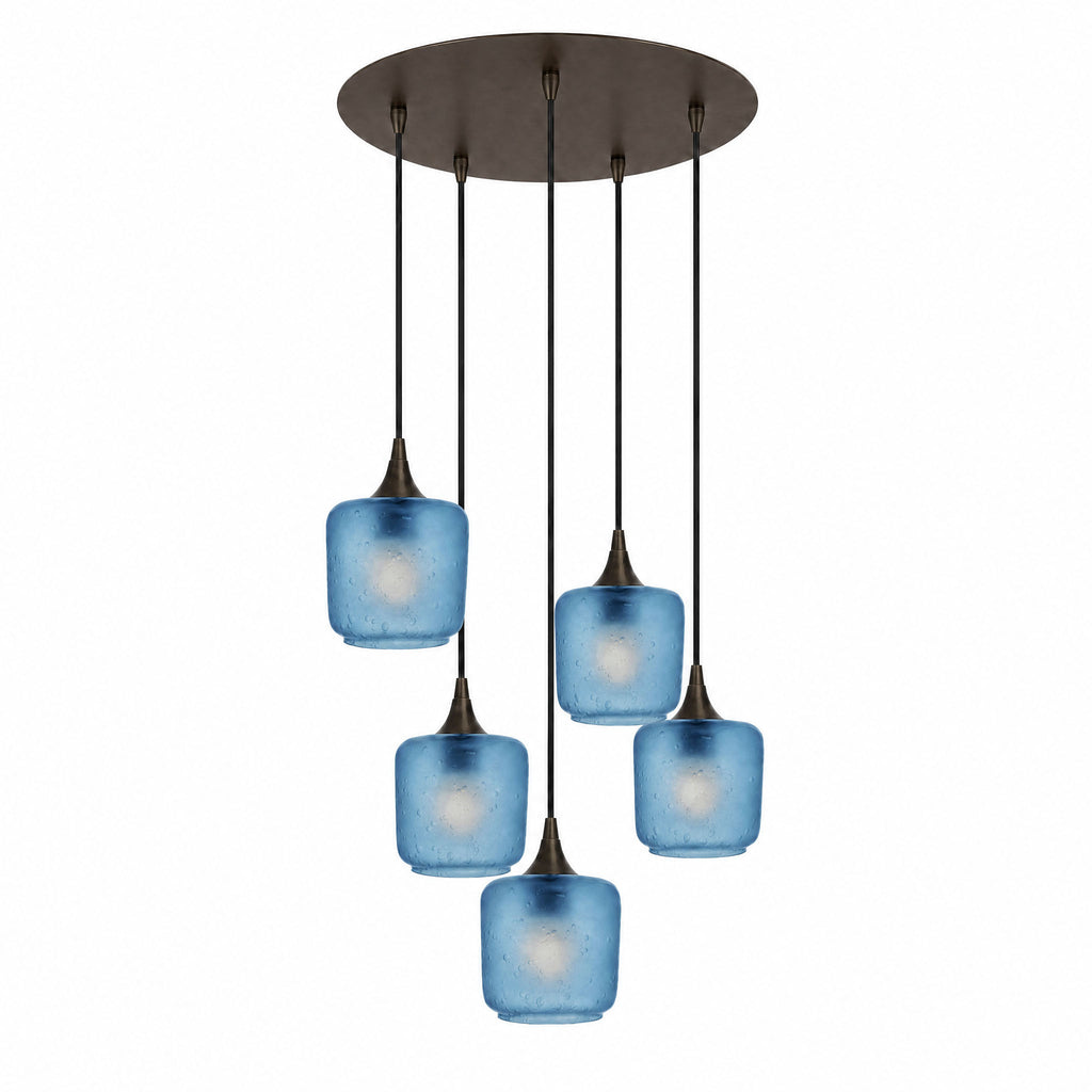 601 5 Pendant Cascade Chandelier-Glass-Bicycle Glass Co-Celestial-Steel Blue-Antique Bronze - 4ft Cord-Bicycle Glass Co