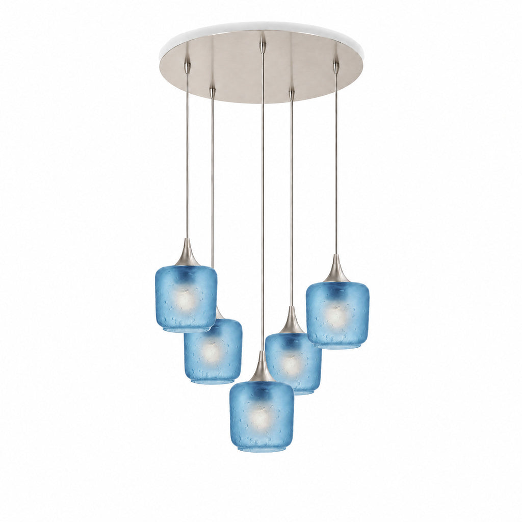 601 5 Pendant Cascade Chandelier-Glass-Bicycle Glass Co-Celestial-Steel Blue-Brushed Nickel - 4ft Cord-Bicycle Glass Co
