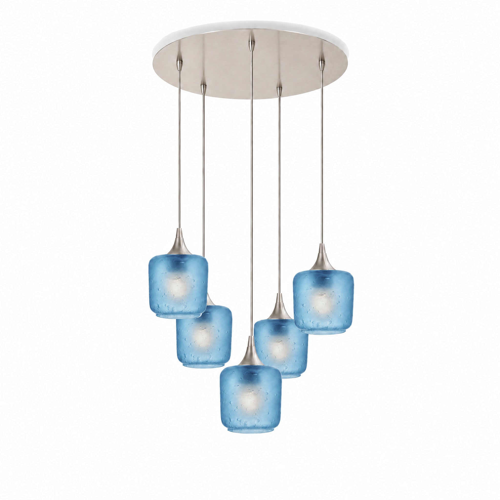 601 5 Pendant Cascade Chandelier-Glass-Bicycle Glass Co-Celestial-Steel Blue-Brushed Nickel - 4ft Cord-Bicycle Glass Co
