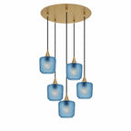 601 5 Pendant Cascade Chandelier-Glass-Bicycle Glass Co-Celestial-Steel Blue-Polished Brass - 4ft Cord-Bicycle Glass Co