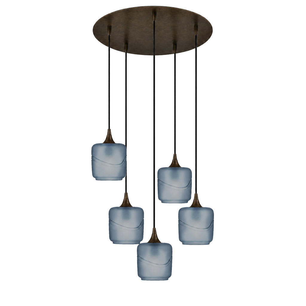 601 5 Pendant Cascade Chandelier-Glass-Bicycle Glass Co-Glacial-Slate Gray-Antique Bronze - 4ft Cord-Bicycle Glass Co