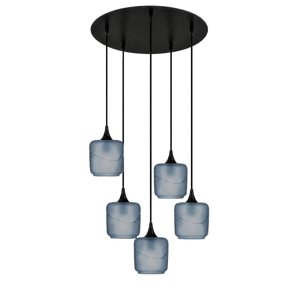 601 5 Pendant Cascade Chandelier-Glass-Bicycle Glass Co-Glacial-Slate Gray-Matte Black - 4ft Cord-Bicycle Glass Co