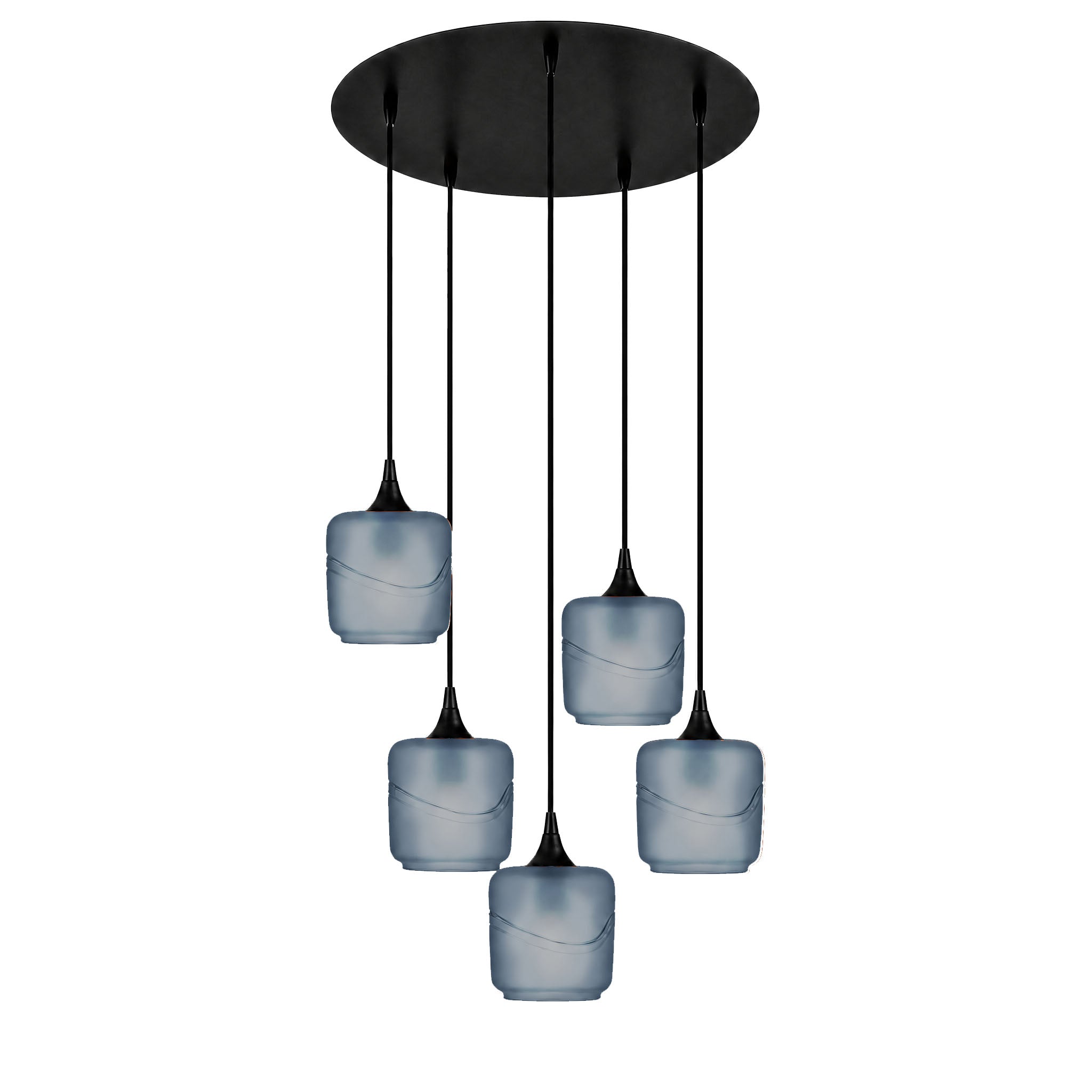 601 5 Pendant Cascade Chandelier-Glass-Bicycle Glass Co-Glacial-Slate Gray-Matte Black - 4ft Cord-Bicycle Glass Co