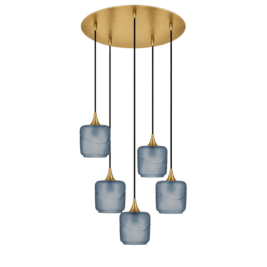 601 5 Pendant Cascade Chandelier-Glass-Bicycle Glass Co-Glacial-Slate Gray-Polished Brass - 4ft Cord-Bicycle Glass Co