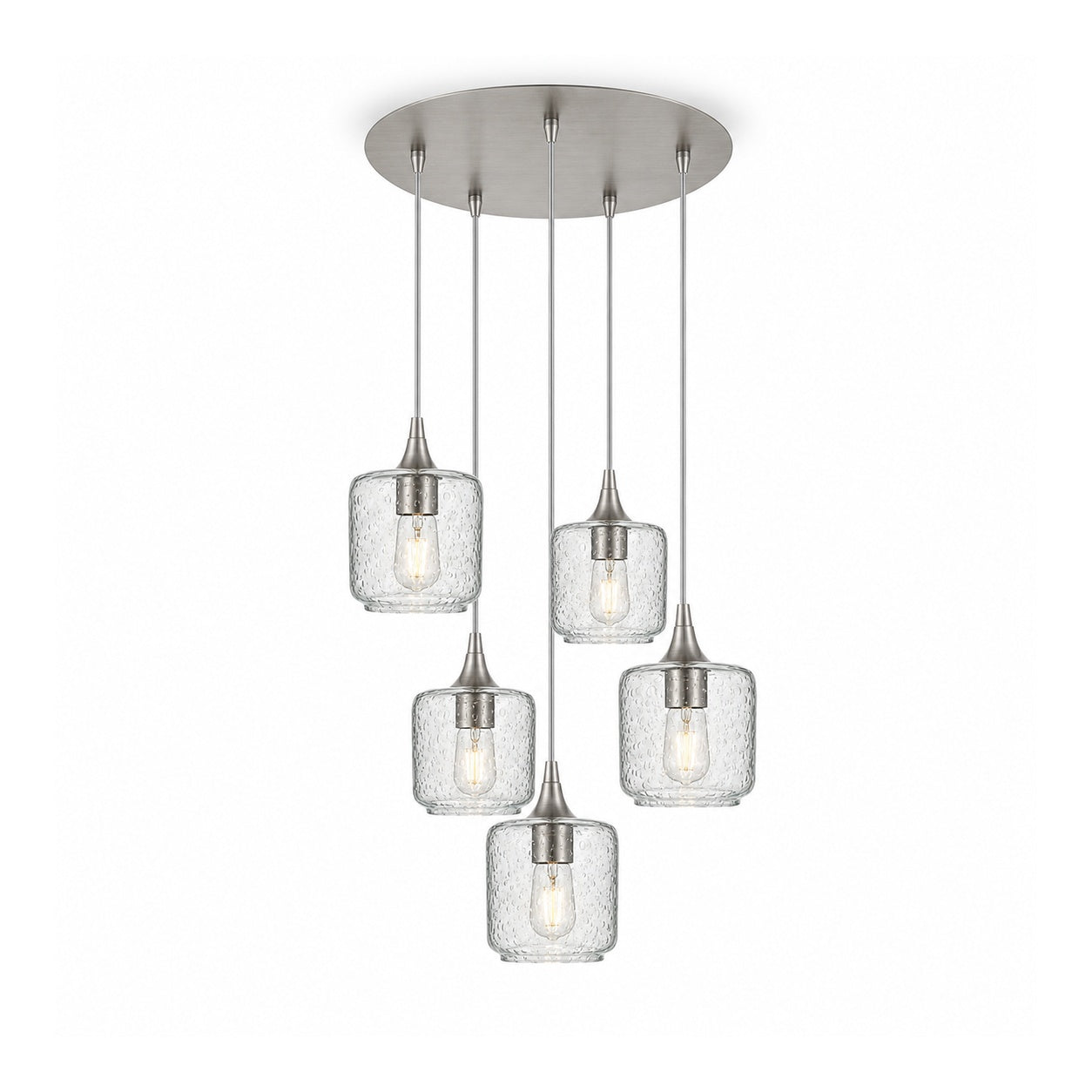 601 5 Pendant Cascade Chandelier-Glass-Bicycle Glass Co-Lunar-Eco Clear-Brushed Nickel - 4ft Cord-Bicycle Glass Co