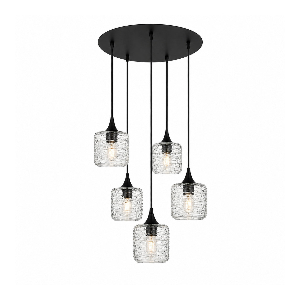 601 5 Pendant Cascade Chandelier-Glass-Bicycle Glass Co-Lunar-Eco Clear-Matte Black - 4ft Cord-Bicycle Glass Co