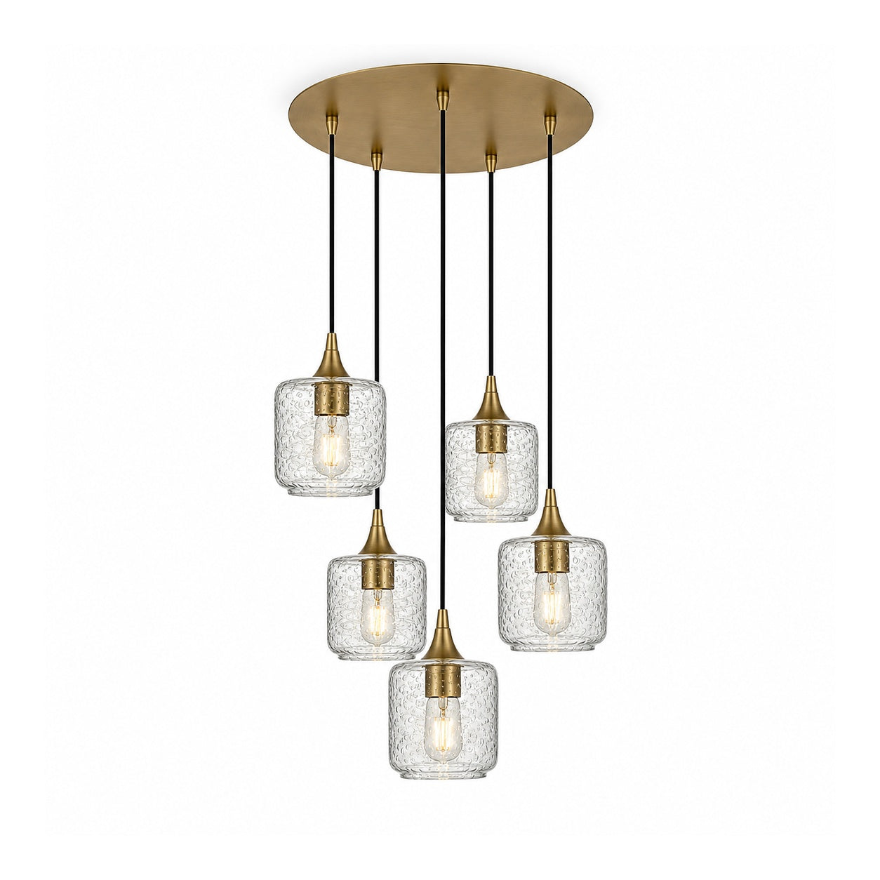 601 5 Pendant Cascade Chandelier-Glass-Bicycle Glass Co-Lunar-Eco Clear-Polished Brass - 4ft Cord-Bicycle Glass Co