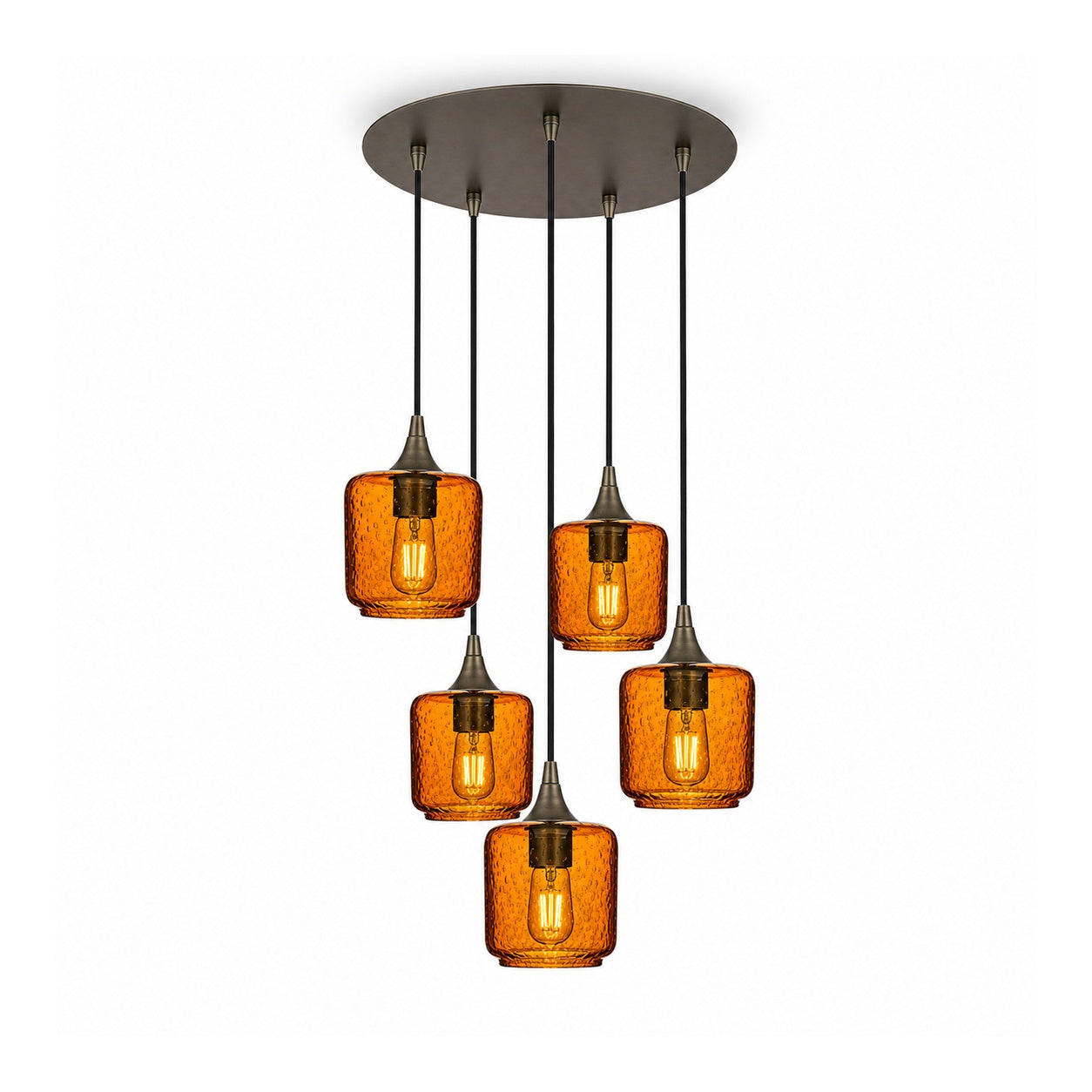 601 5 Pendant Cascade Chandelier-Glass-Bicycle Glass Co-Lunar-Golden Amber-Antique Bronze - 4ft Cord-Bicycle Glass Co
