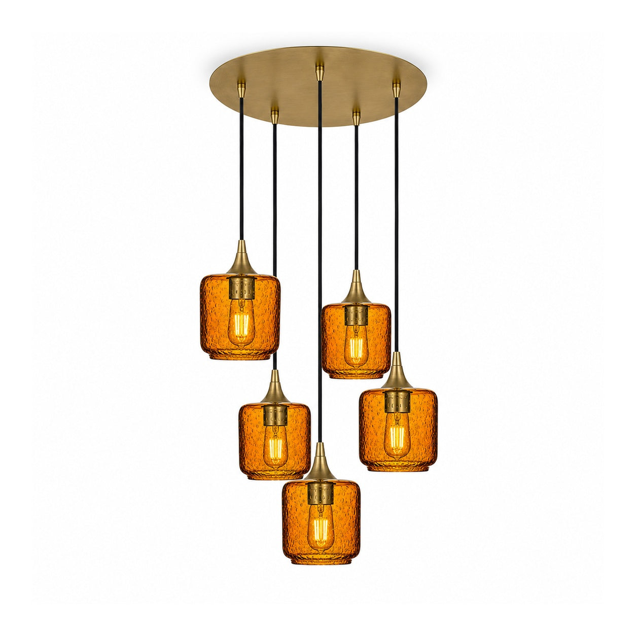 601 5 Pendant Cascade Chandelier-Glass-Bicycle Glass Co-Lunar-Golden Amber-Polished Brass - 4ft Cord-Bicycle Glass Co