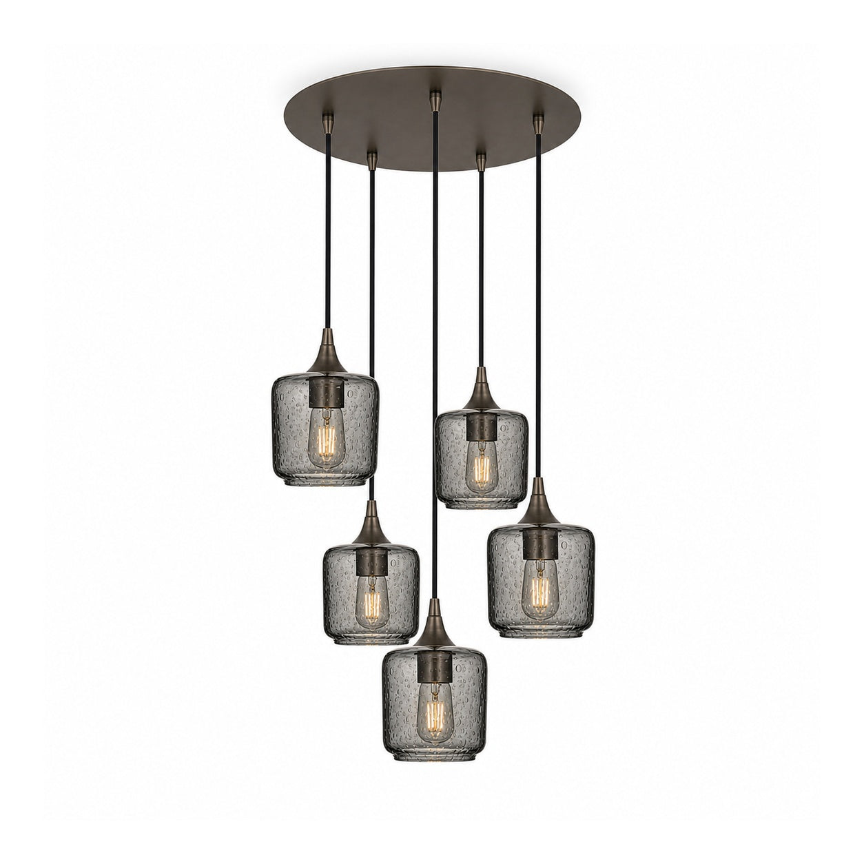 601 5 Pendant Cascade Chandelier-Glass-Bicycle Glass Co-Lunar-Slate Gray-Antique Bronze - 4ft Cord-Bicycle Glass Co
