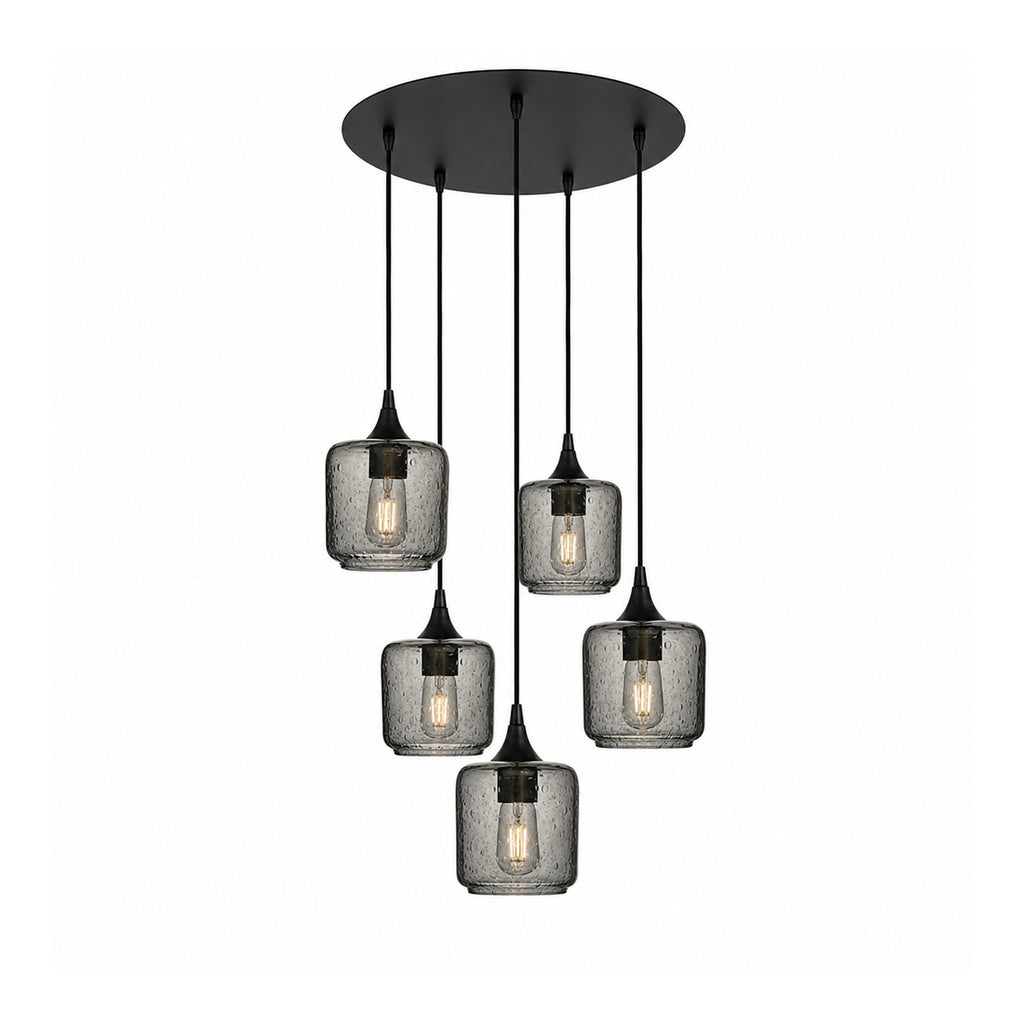 601 5 Pendant Cascade Chandelier-Glass-Bicycle Glass Co-Lunar-Slate Gray-Matte Black - 4ft Cord-Bicycle Glass Co