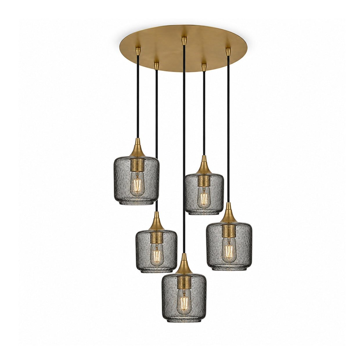 601 5 Pendant Cascade Chandelier-Glass-Bicycle Glass Co-Lunar-Slate Gray-Polished Brass - 4ft Cord-Bicycle Glass Co